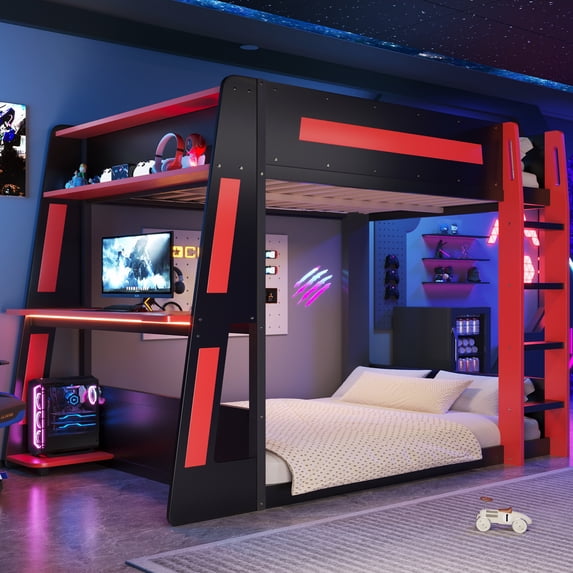 Euroco Wood Full over Full Size Bunk Bed with Shelves, Gaming Bed with Desk, USB Charging and LED Light, Black&Red
