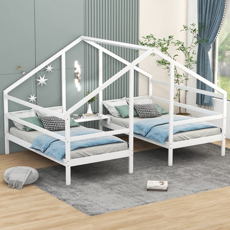 Euroco Wood House Twin Bed, 2 Beds in One, 2-in-1 Platform Bed with Movable Desk for Kids Teens, White
