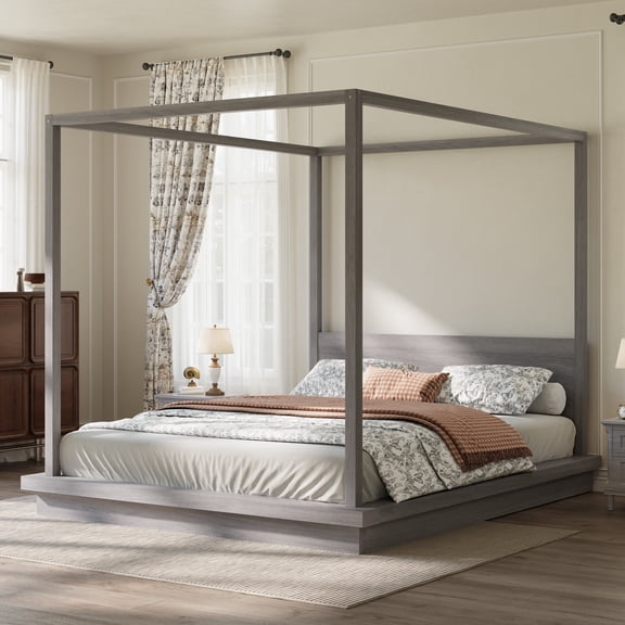 Euroco Wood King Size Canopy Bed, Four Poster Platform Bed, No Box Spring Needed, Gray