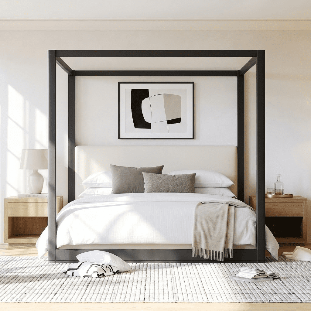 Euroco Wood King Size Canopy Bed with Upholstery Headboard, Black