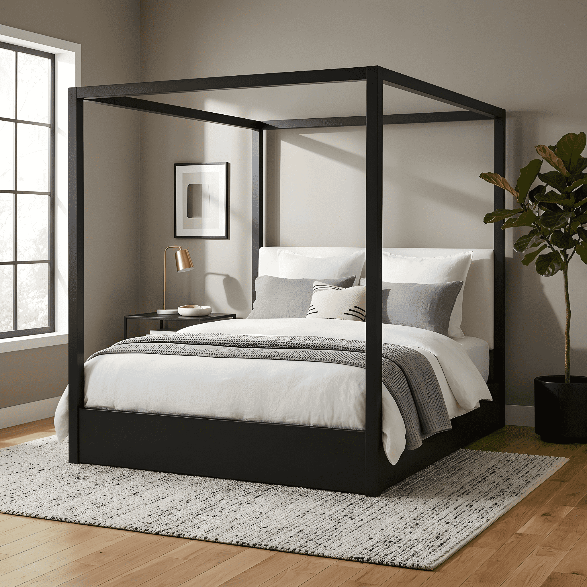 Euroco Wood King Size Canopy Bed with Upholstery Headboard, Espresso