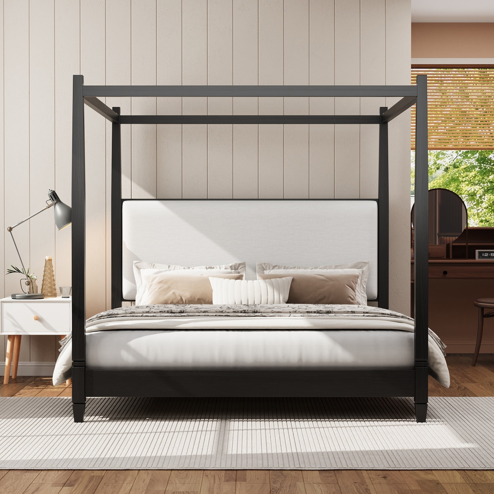 Euroco Wood King Size Canopy Platform Bed with Upholstery Headboard, Black