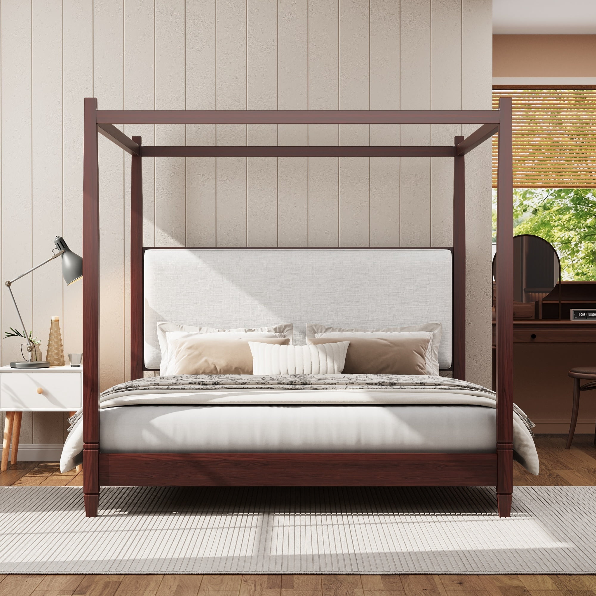 Euroco Wood King Size Canopy Platform Bed with Upholstery Headboard, Espresso