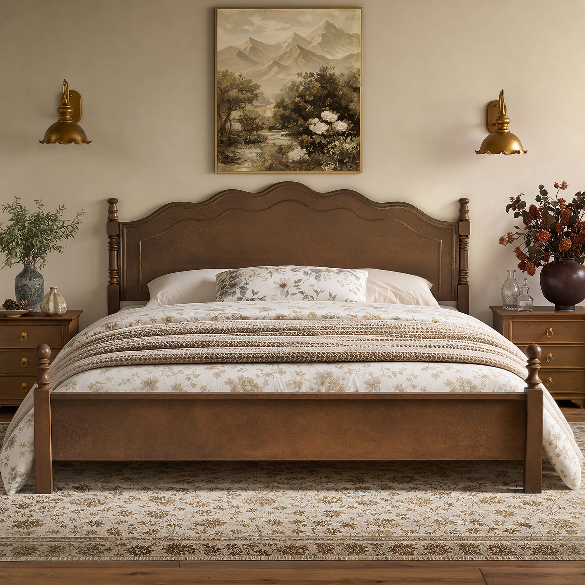 Euroco Wood King Size Platform Bed, Classic American Vintage Style Wood Bed with Curved Headboard, No Box Spring Needed, Espresso