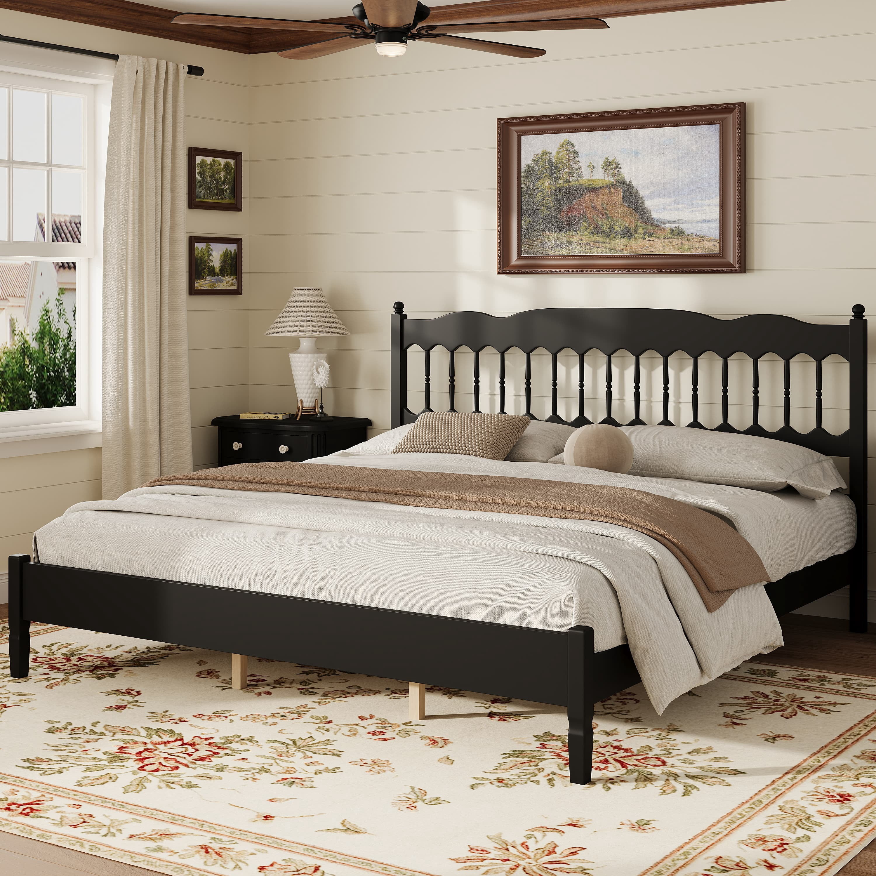 Euroco Wood King Size Platform Bed, Countryside Style Bed Frame with Spindle Headboard, No Box Spring Needed, Black