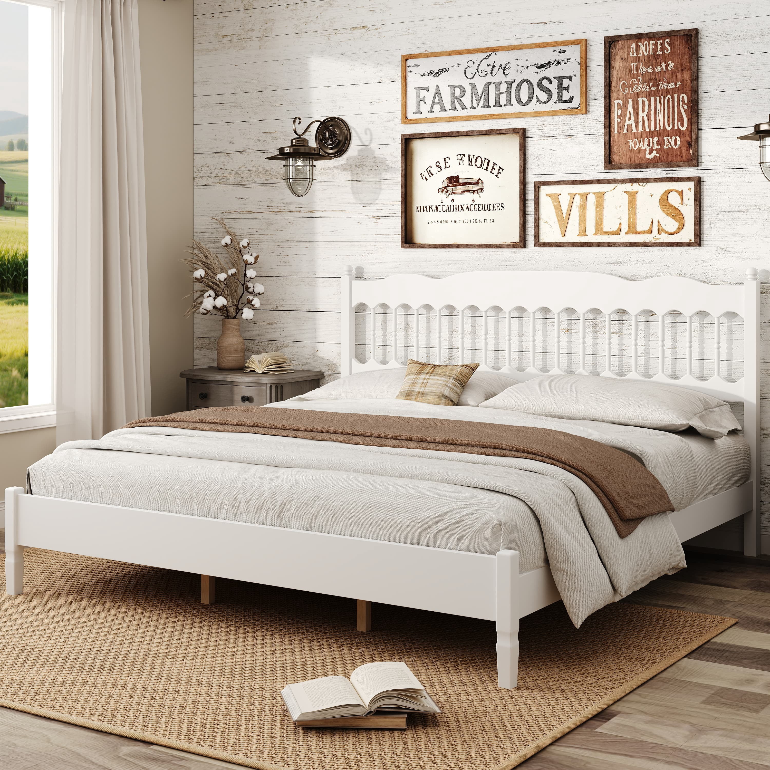 Euroco Wood King Size Platform Bed, Countryside Style Bed Frame with Spindle Headboard, No Box Spring Needed, White