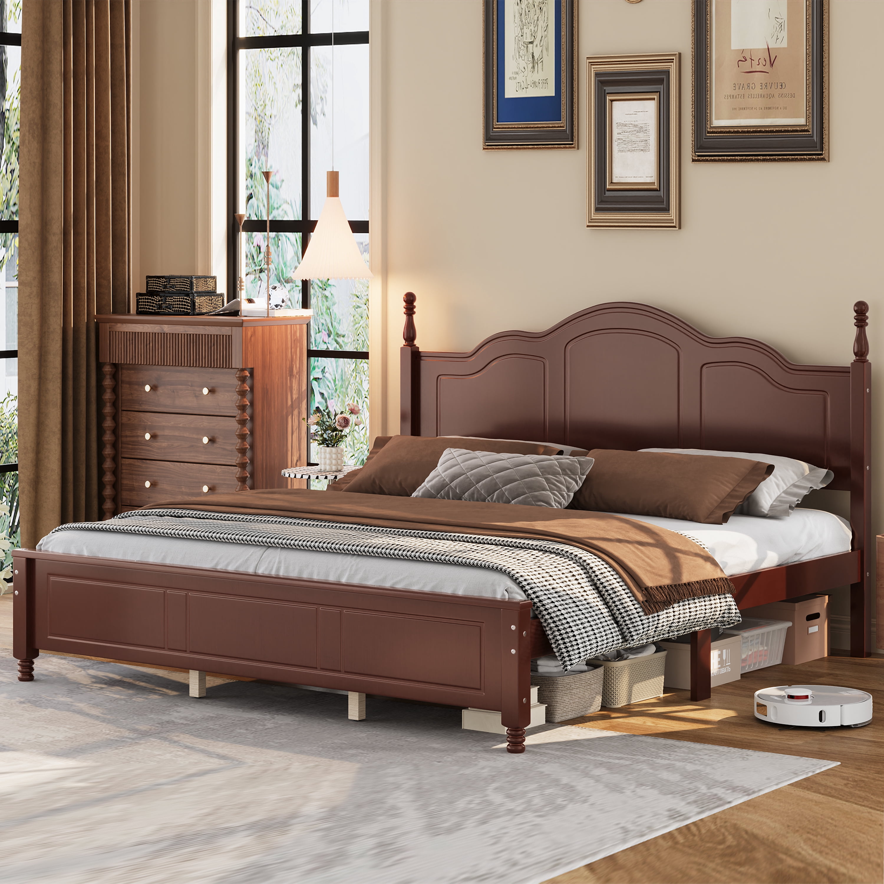 Euroco Wood King Size Platform Bed, Dark Walnut