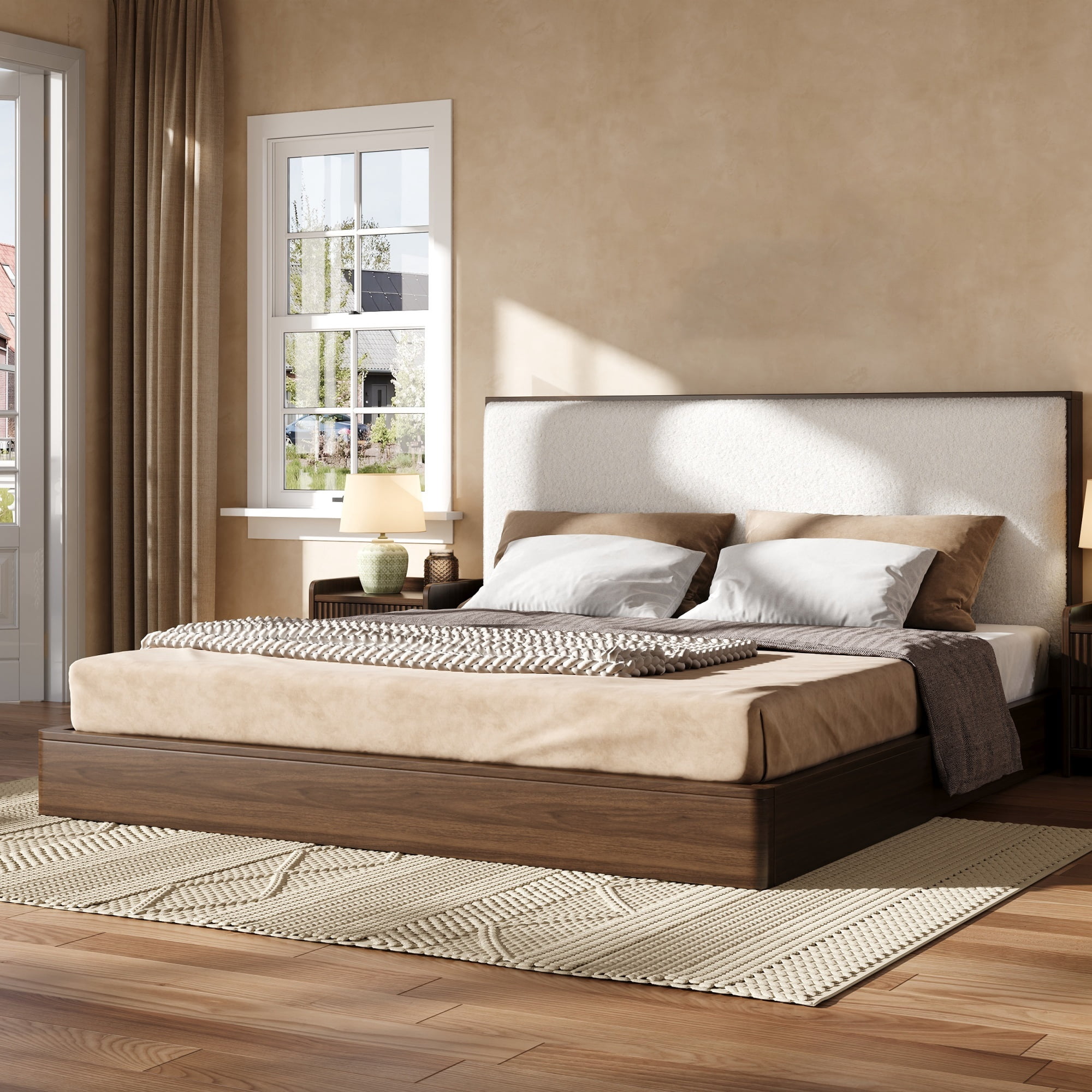 Euroco Wood King Size Platform Bed with Bouclé Upholstered Headboard, No Box Spring Needed, Walnut