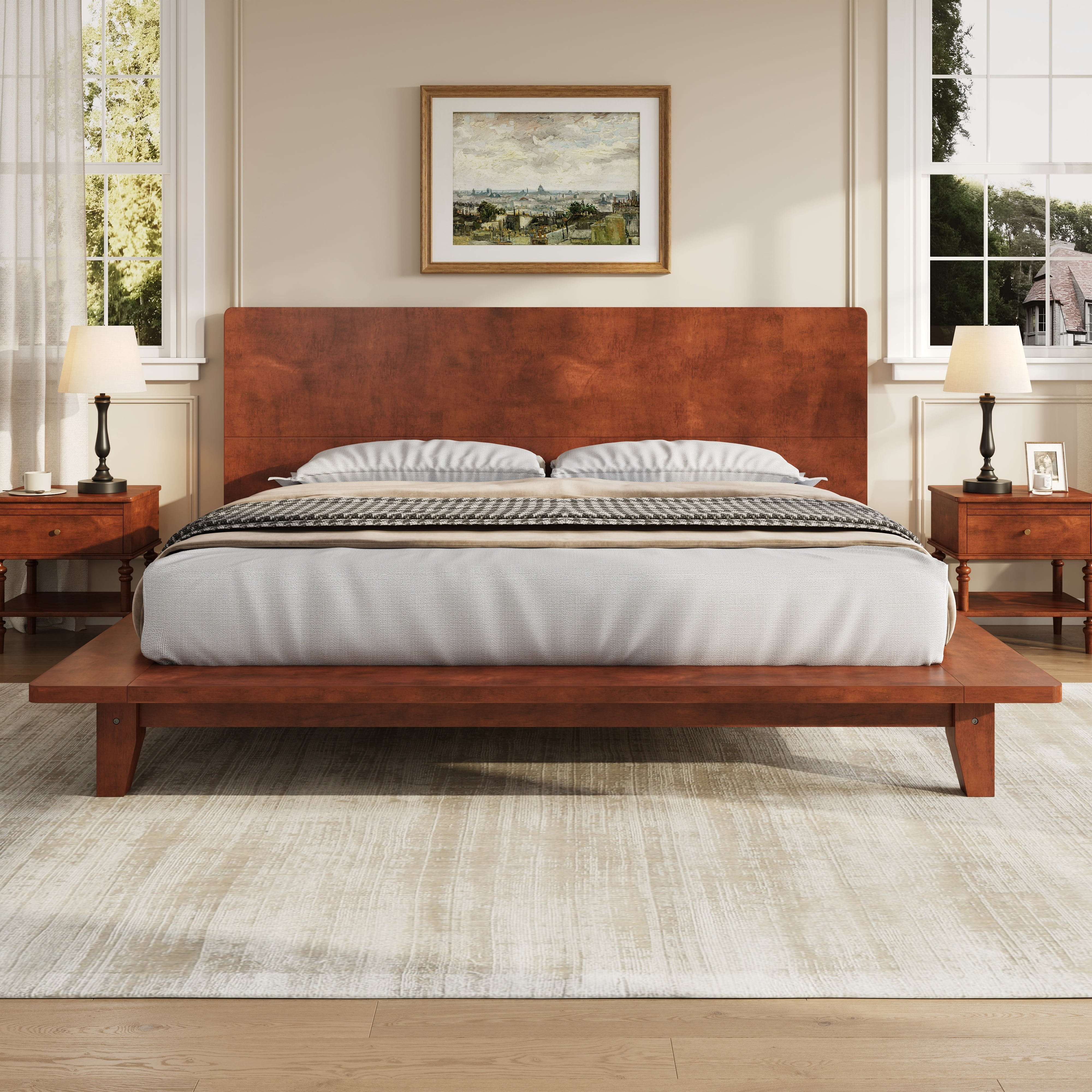 Euroco Wood King Size Platform Bed with Headboard, Brown