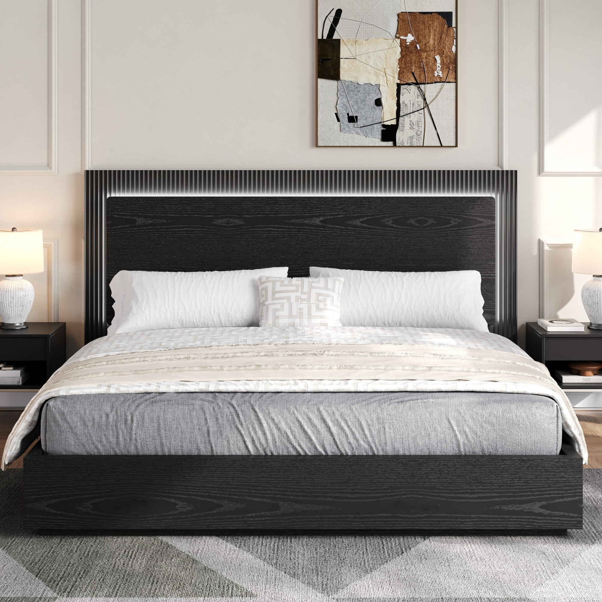 Euroco Wood King Size Platform Bed with LED Light Headboard, No Box Spring Needed, Black