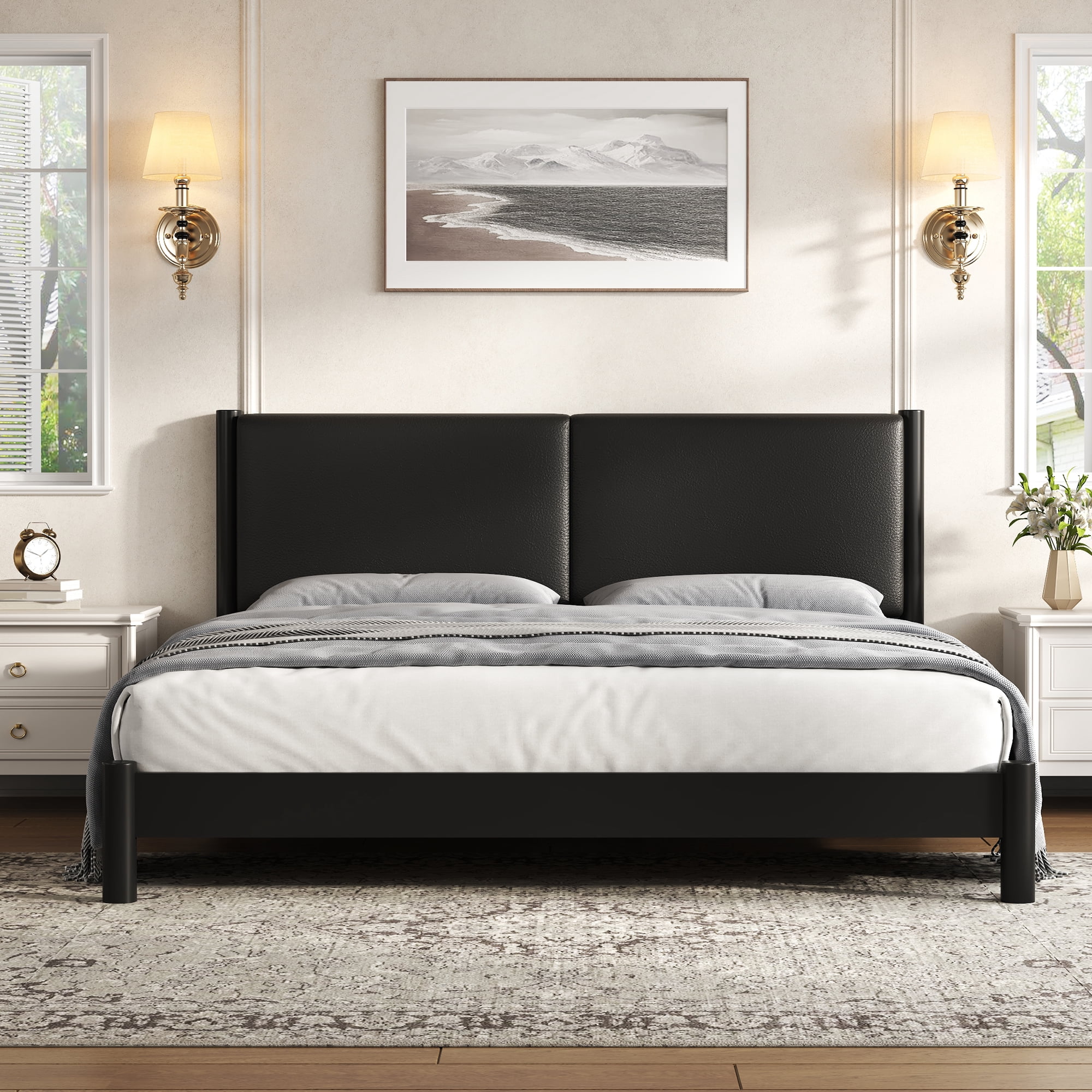 Euroco Wood King Size Platform Bed with PU Leather Headboard, No Box Spring Needed, Black