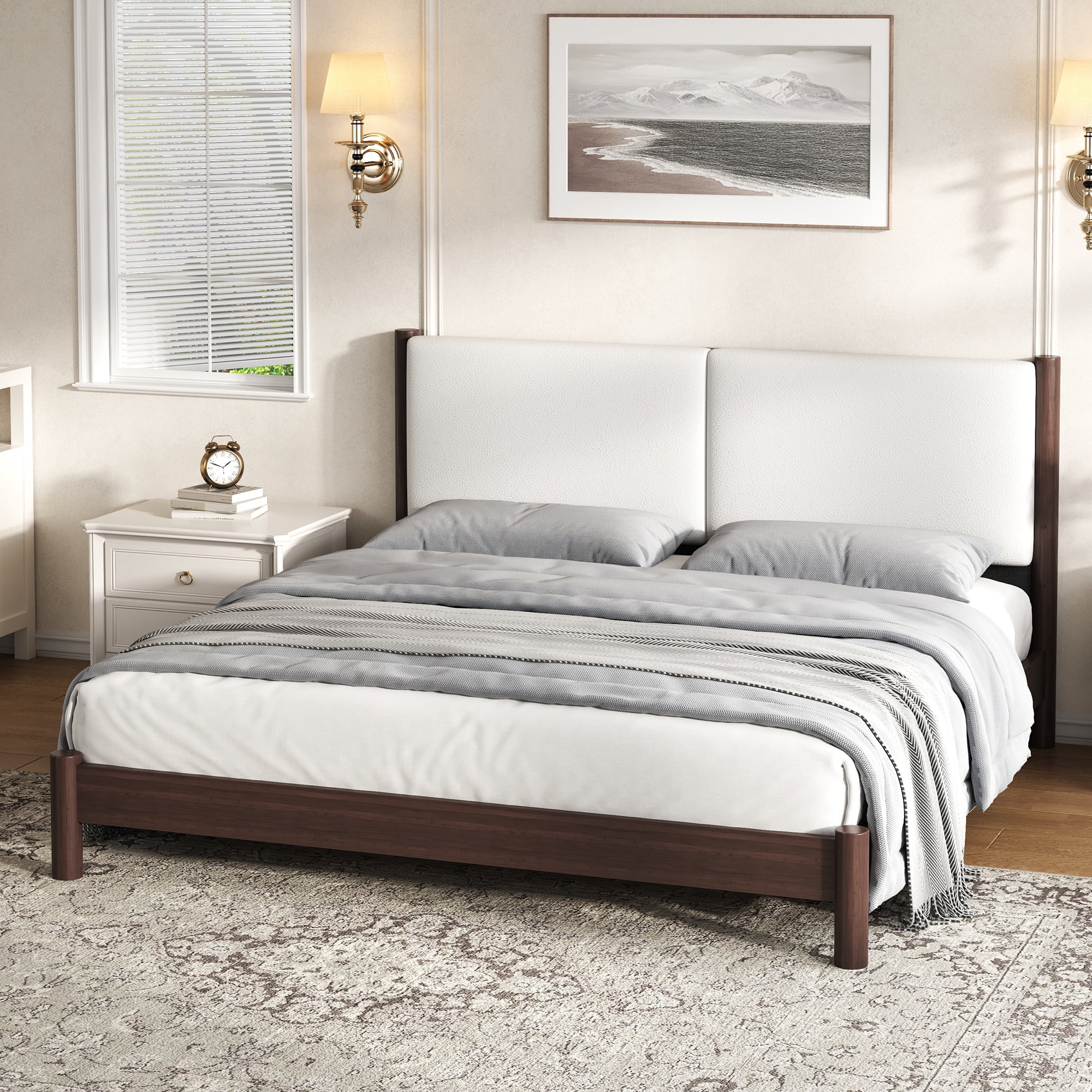 Euroco Wood King Size Platform Bed with PU Leather Headboard, No Box Spring Needed, Espresso