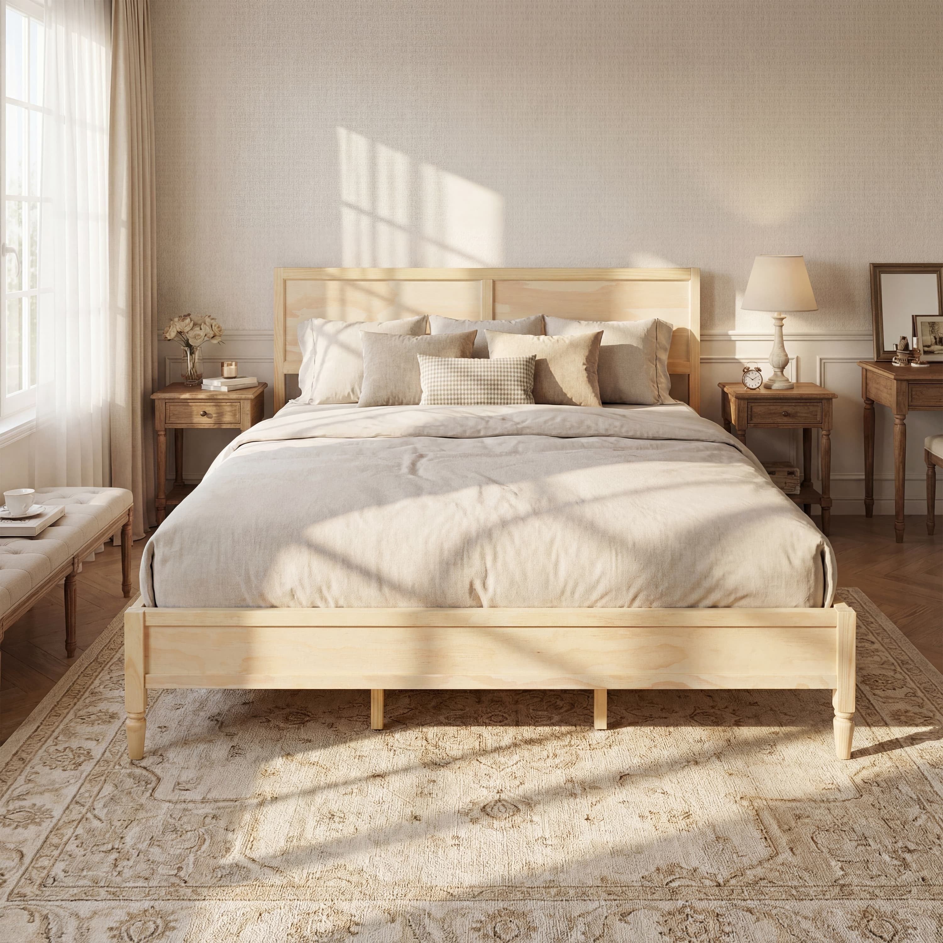 Euroco Wood King Size Platform Bed with Panel Headboard, No Box Spring Needed, Natural