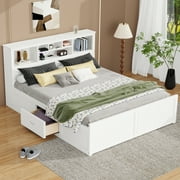 Euroco Wood King Size Platform Bed with Storage Headboard, Drawers and USB Charging Station, White