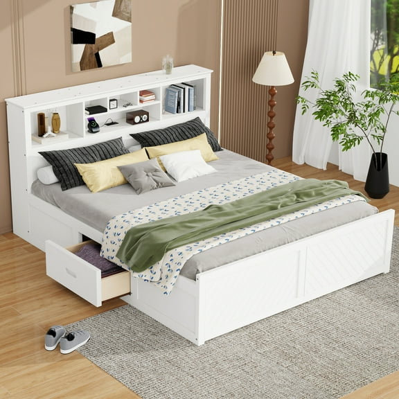 Euroco Wood King Size Platform Bed with Storage Headboard, Drawers and USB Charging Station, White