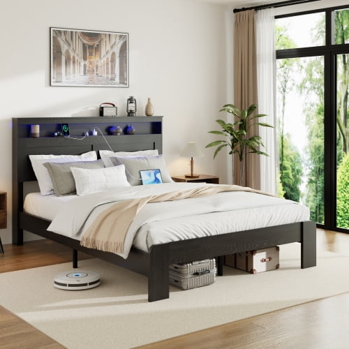 Euroco Wood King Size Platform Bed with Storage Headboard, LED Light and USB Charging Station, Black