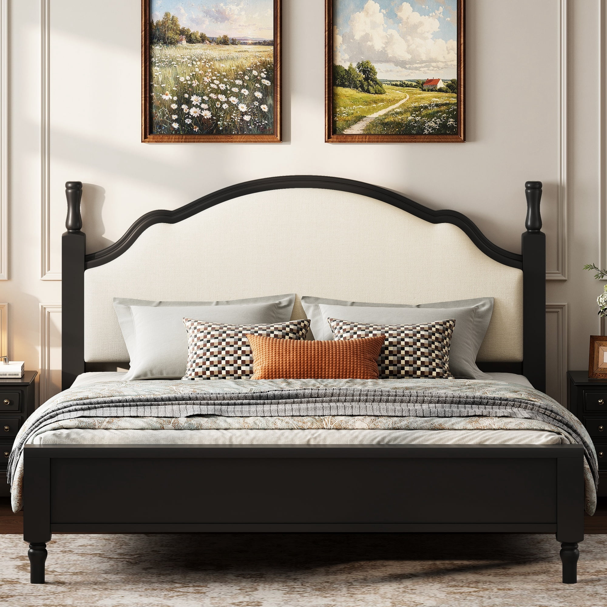 Euroco Wood King Size Platform Bed with Upholstery Headboard, Black