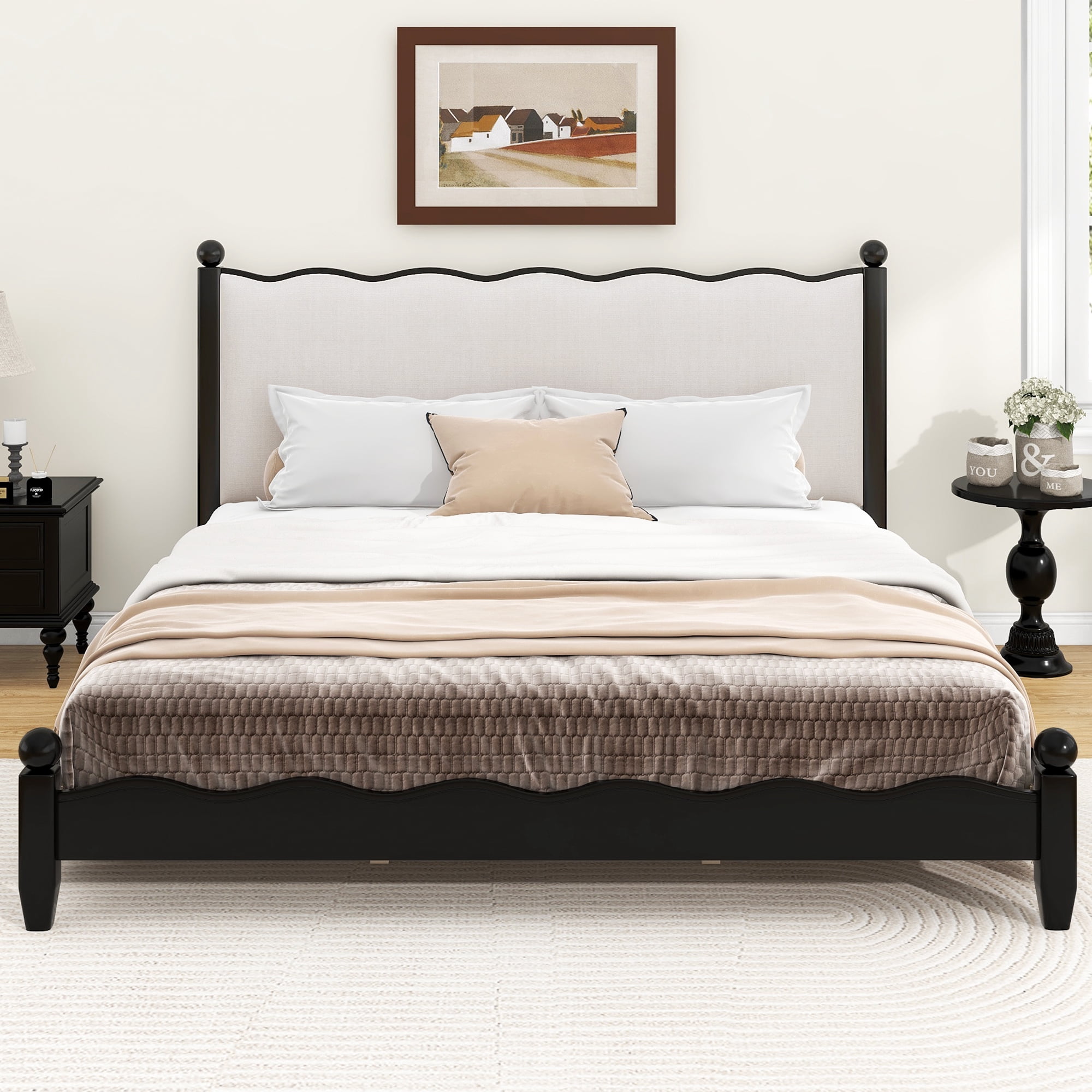 Euroco Wood King Size Wood Platform Bed with Upholstery Headboard, Black