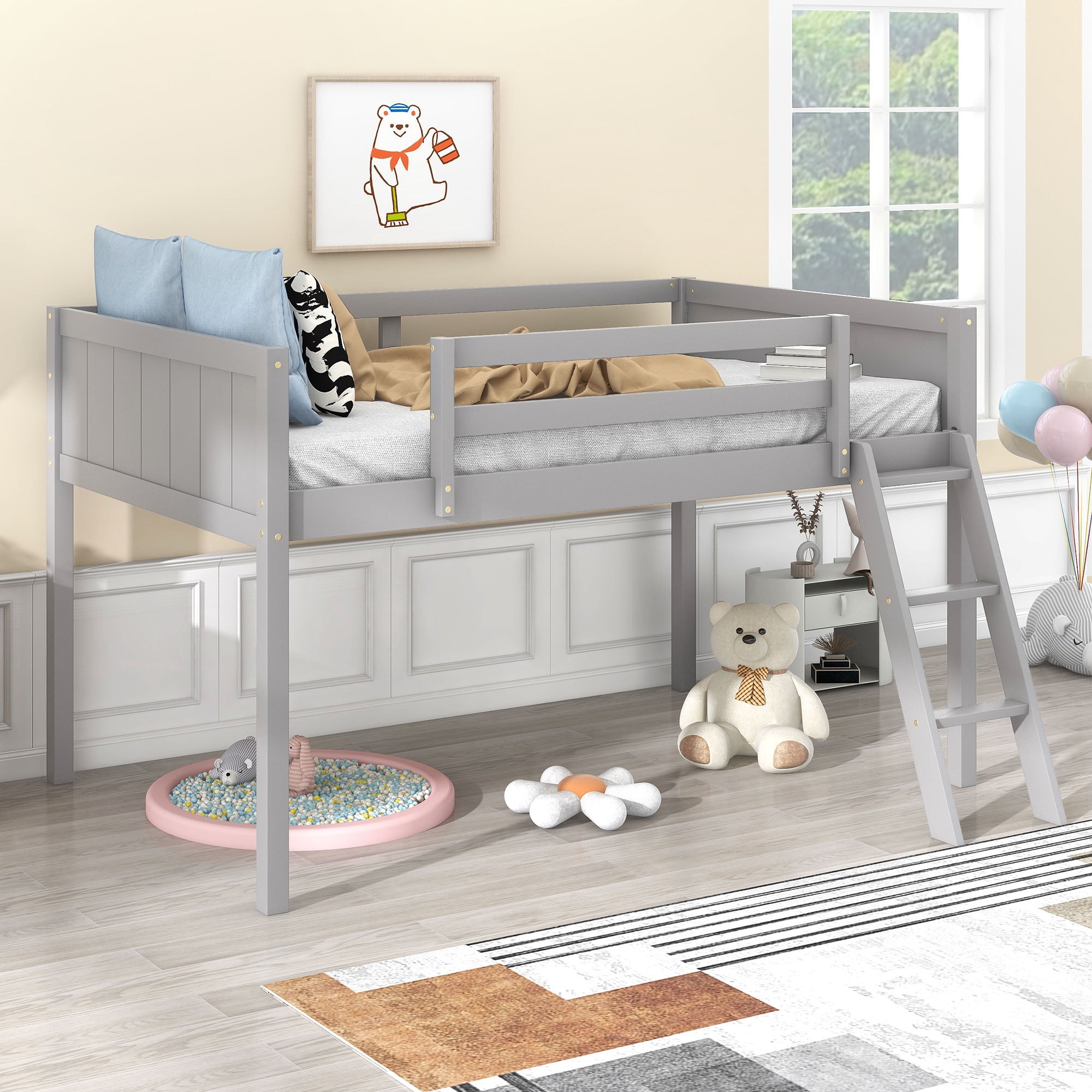 Euroco Wood Loft Bed with Ladder, Twin Size Low Loft Bed for Kids Teens, Gray