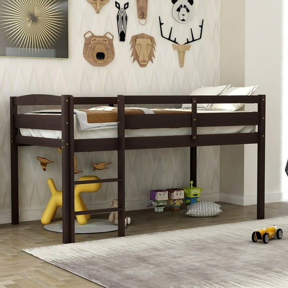 Euroco Wood Loft Bed with Ladder, Twin Size for Kids Teens, Espresso