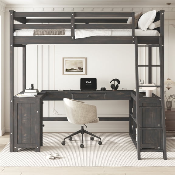 Euroco Wood Full Size Loft Bed with Desk and Drawers, Cabinets and Shelves, Antique Brown
