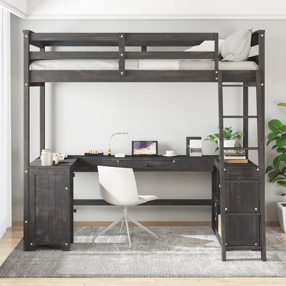 Euroco Wood Twin Size Loft Bed with Desk and Drawers, Cabinets and Shelves, Antique Brown