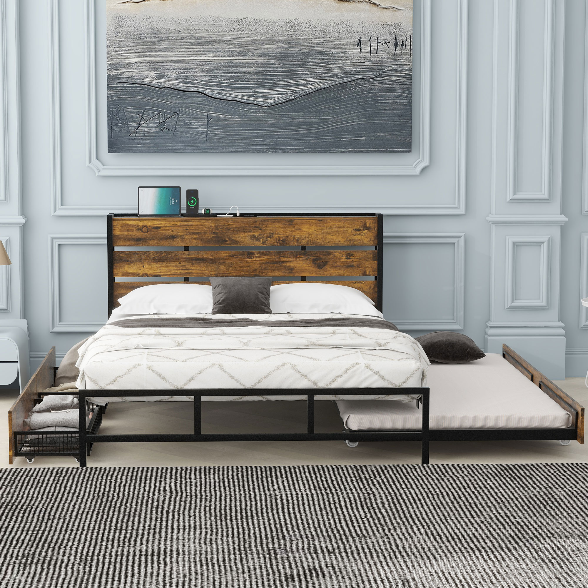 Euroco Wood Metal Queen Size Platform Bed with Functional Headboard, 4 Storage Drawers, Charging Station and USB Ports, Black