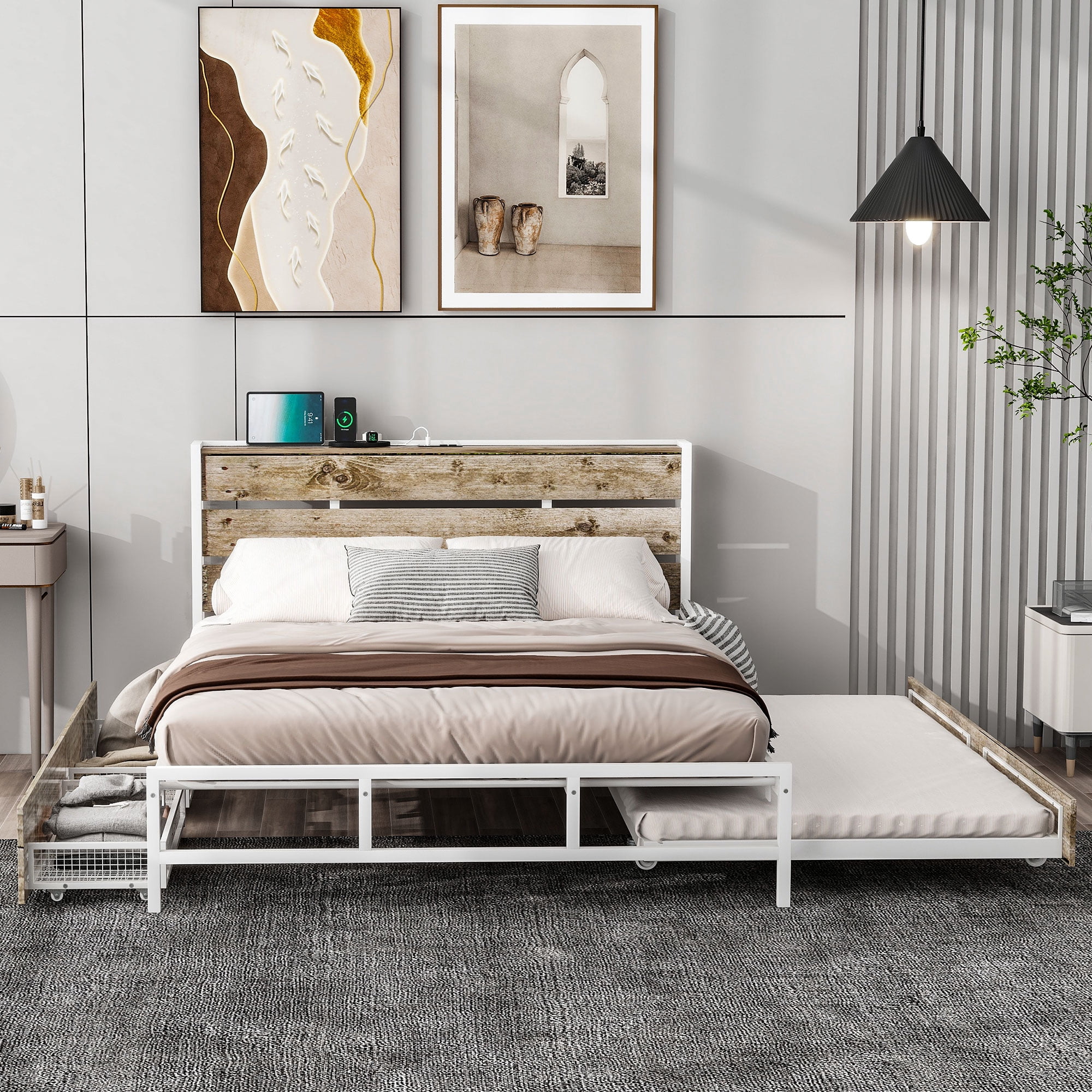 Euroco Wood Metal Queen Size Platform Bed with Functional Headboard, 4 Storage Drawers, Charging Station and USB Ports, White