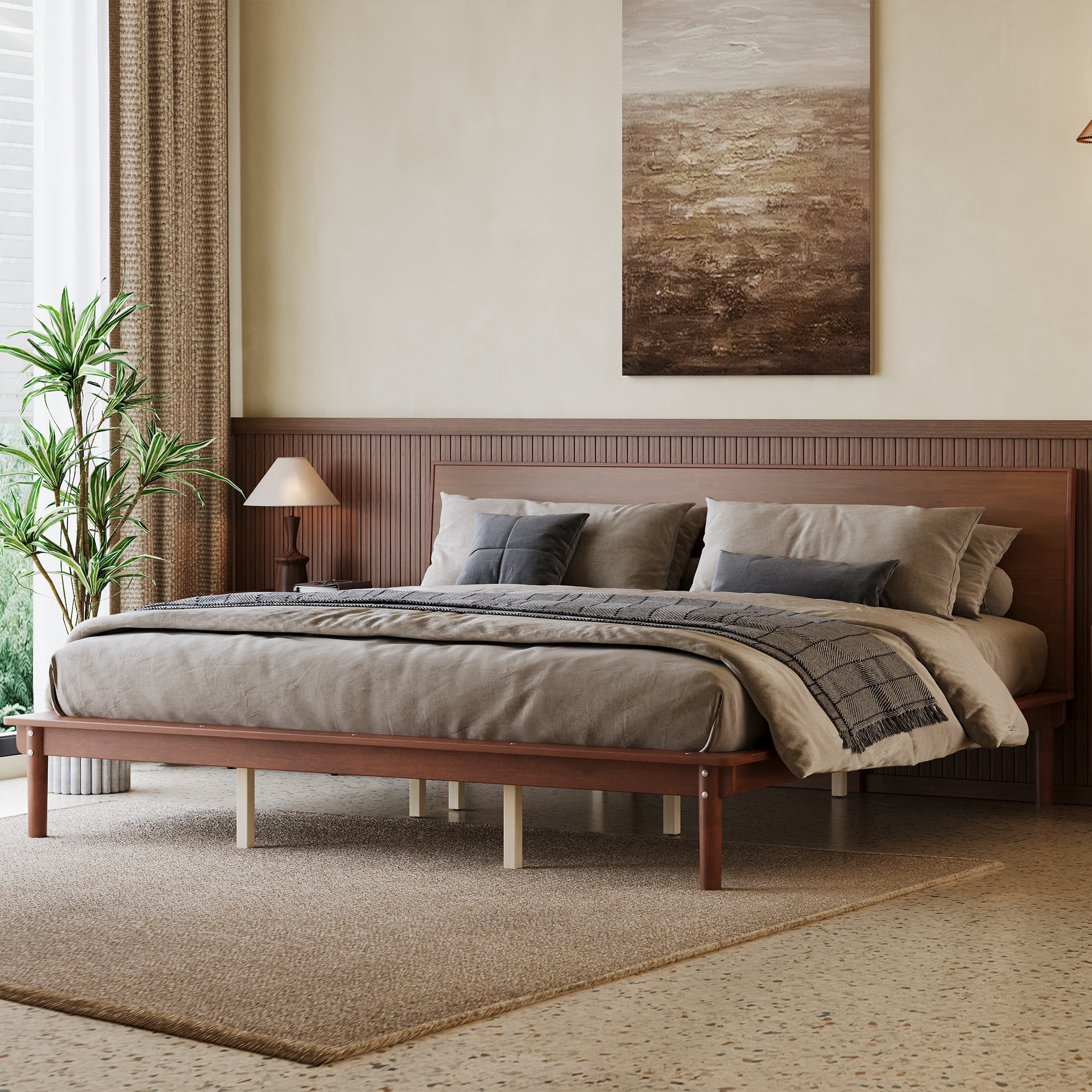 Euroco Wood Mid-Century King Bed, Low Profile Platform Bed Frame with Subtly Angled Headboard, Widened Side Rails, No Box Spring Needed, Natural