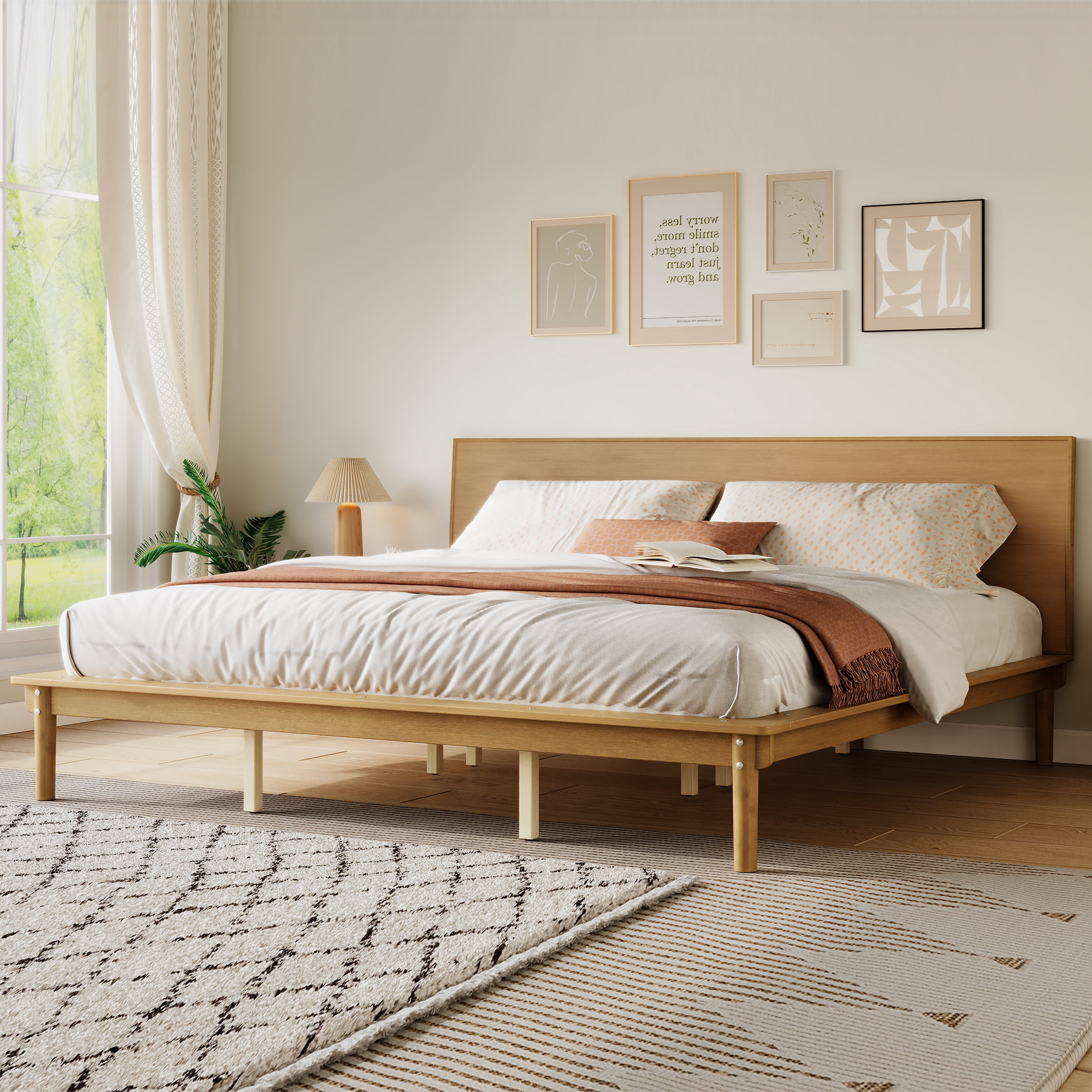Euroco Wood Mid-Century King Bed, Low Profile Platform Bed Frame with Subtly Angled Headboard, Widened Side Rails, No Box Spring Needed, Walnut