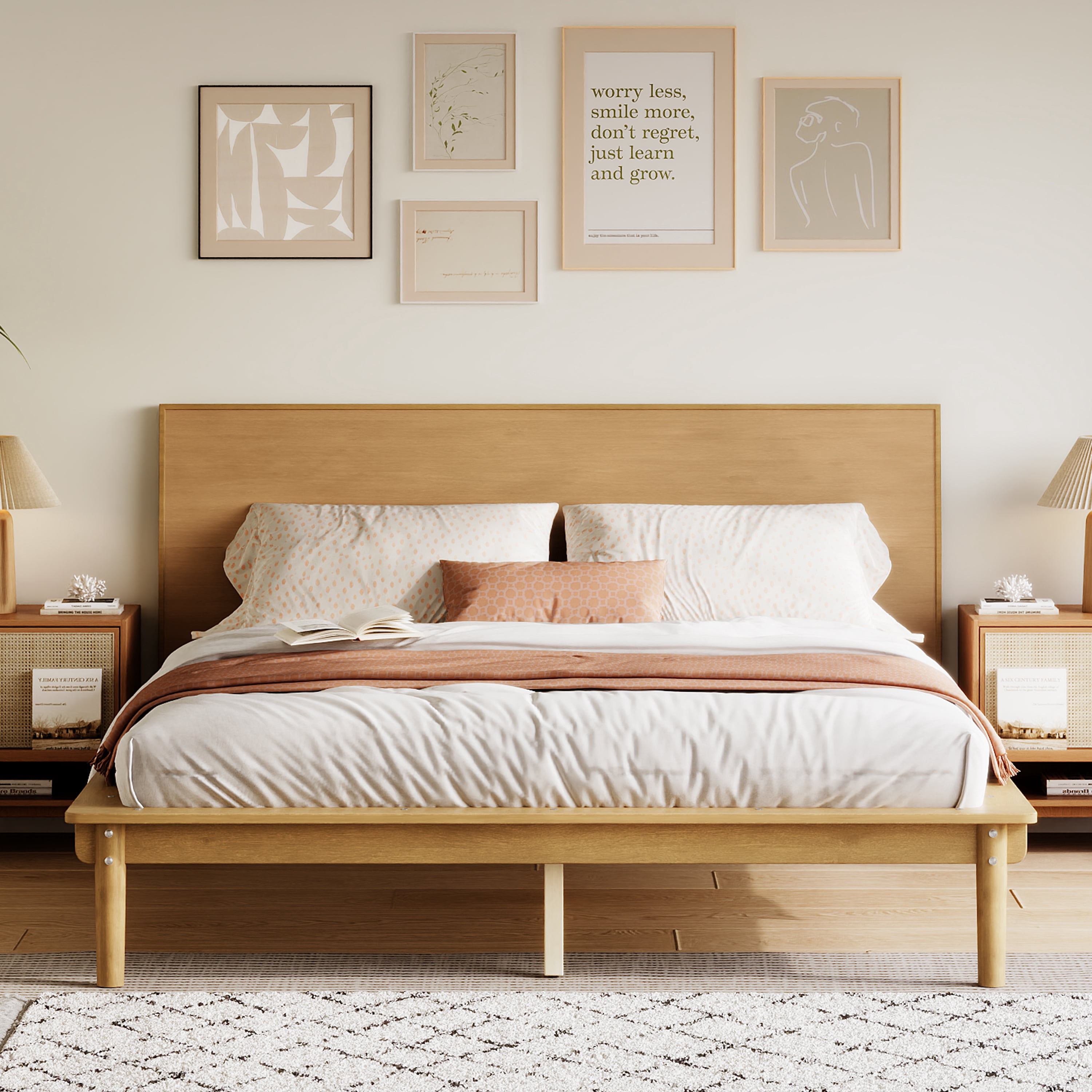 Euroco Wood Mid-Century Queen Bed, Low Profile Platform Bed Frame with Subtly Angled Headboard, Widened Side Rails, No Box Spring Needed, Natural