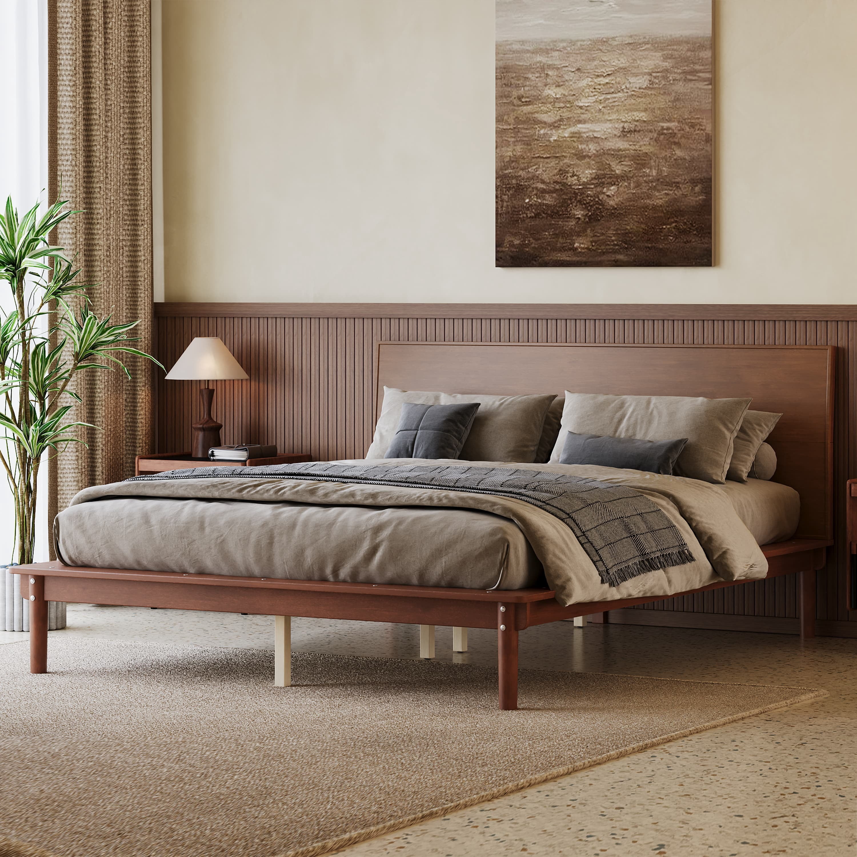 Euroco Wood Mid-Century Queen Bed, Low Profile Platform Bed Frame with Subtly Angled Headboard, Widened Side Rails, No Box Spring Needed, Walnut