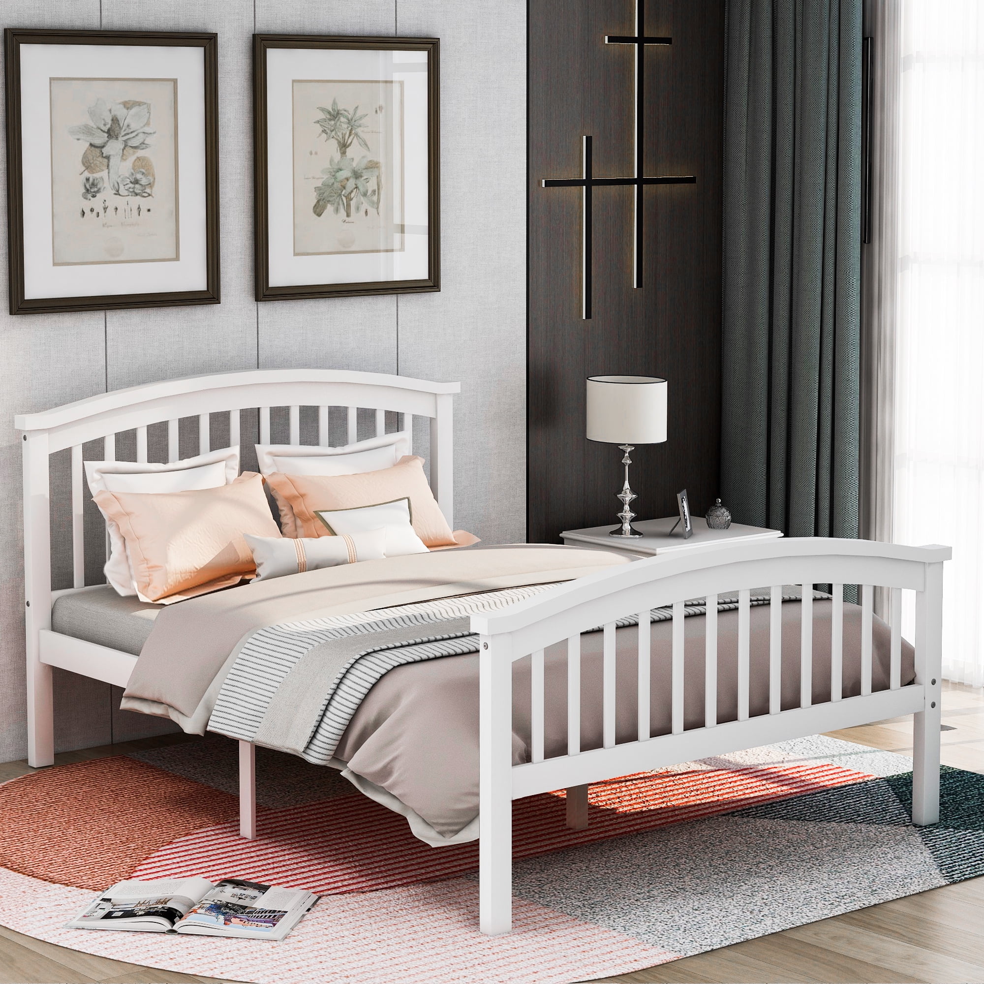 Euroco Wood Platform Bed with Headboard And Footboard, Full