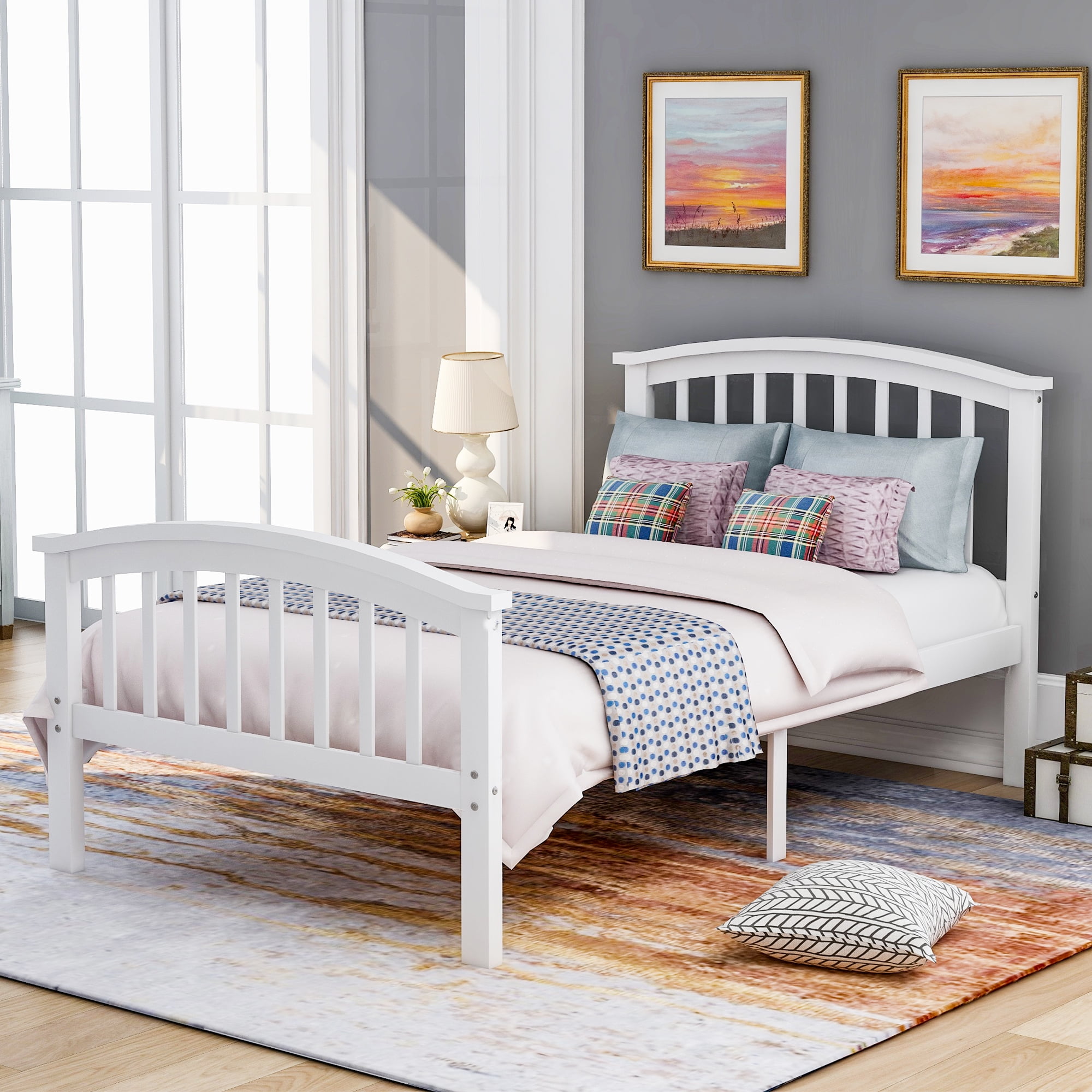 Euroco Wood Platform Bed with Headboard And Footboard, Twin