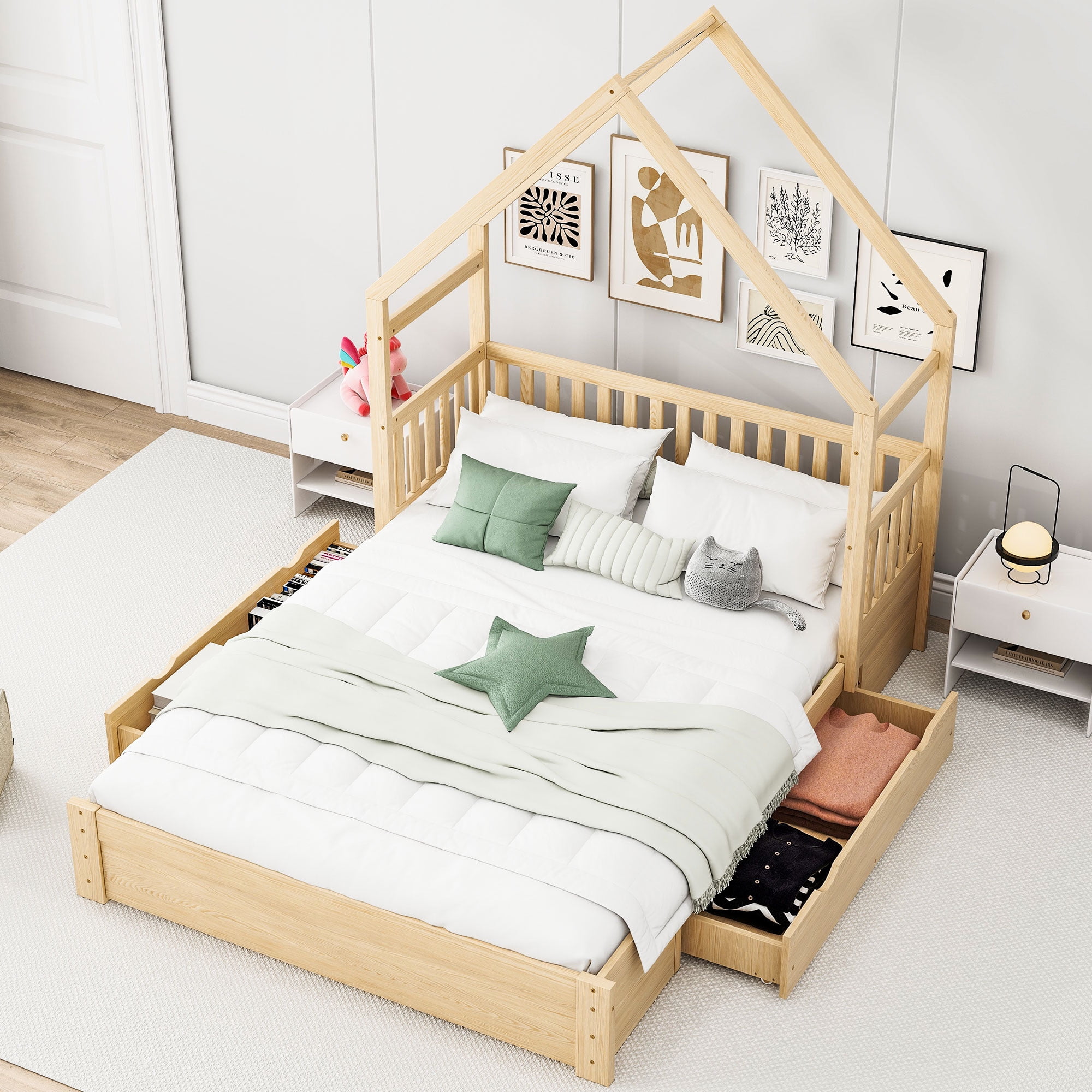 Euroco Wood Queen Bed, House Platform Bed with 2 Storage Drawers for Adults, Natural