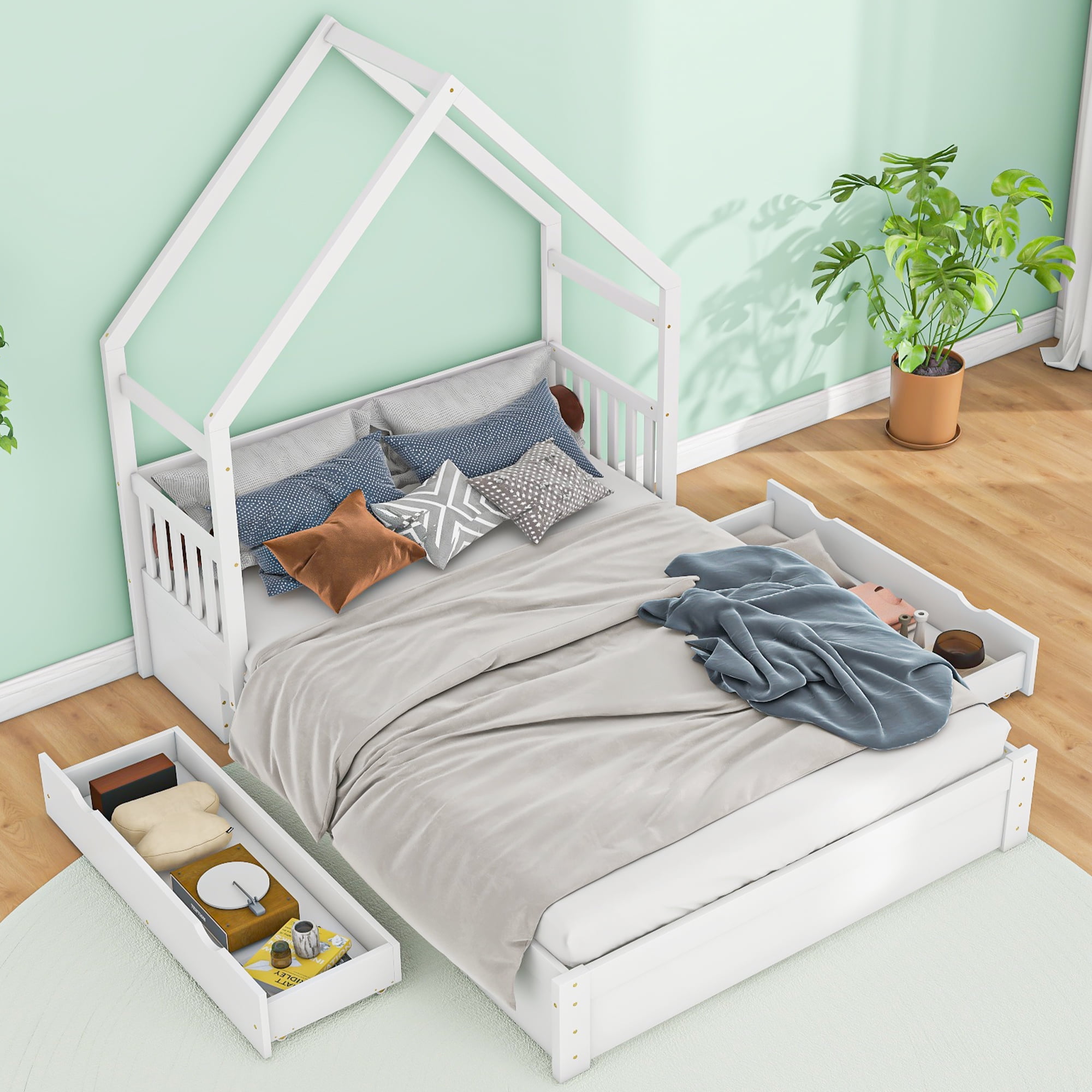 Euroco Wood Queen Bed, House Platform Bed with 2 Storage Drawers for Adults, White