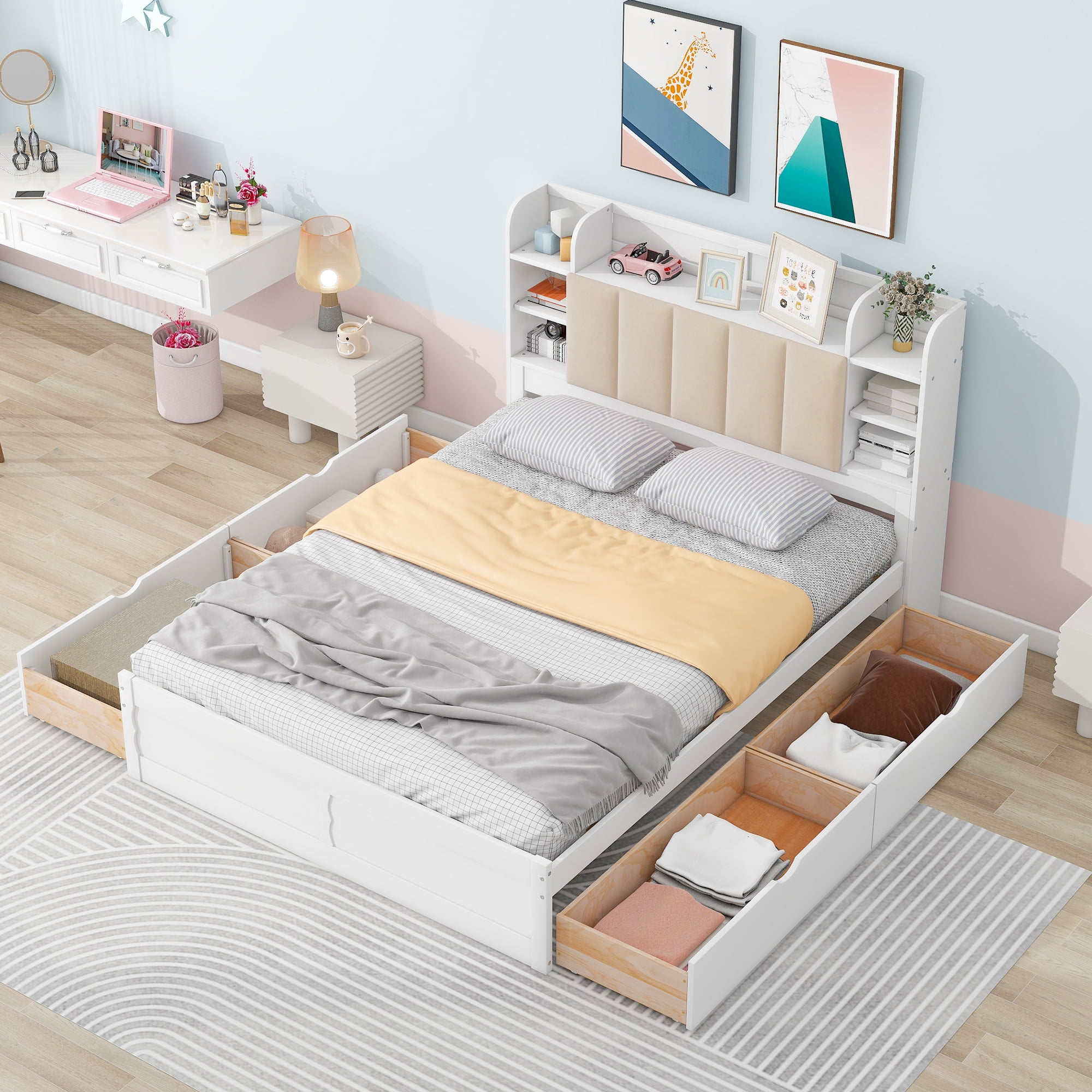 Euroco Wood Queen Platform Bed, Upholstered with Storage Headboard and 4 Drawers for Kids and Adults Bedroom, White