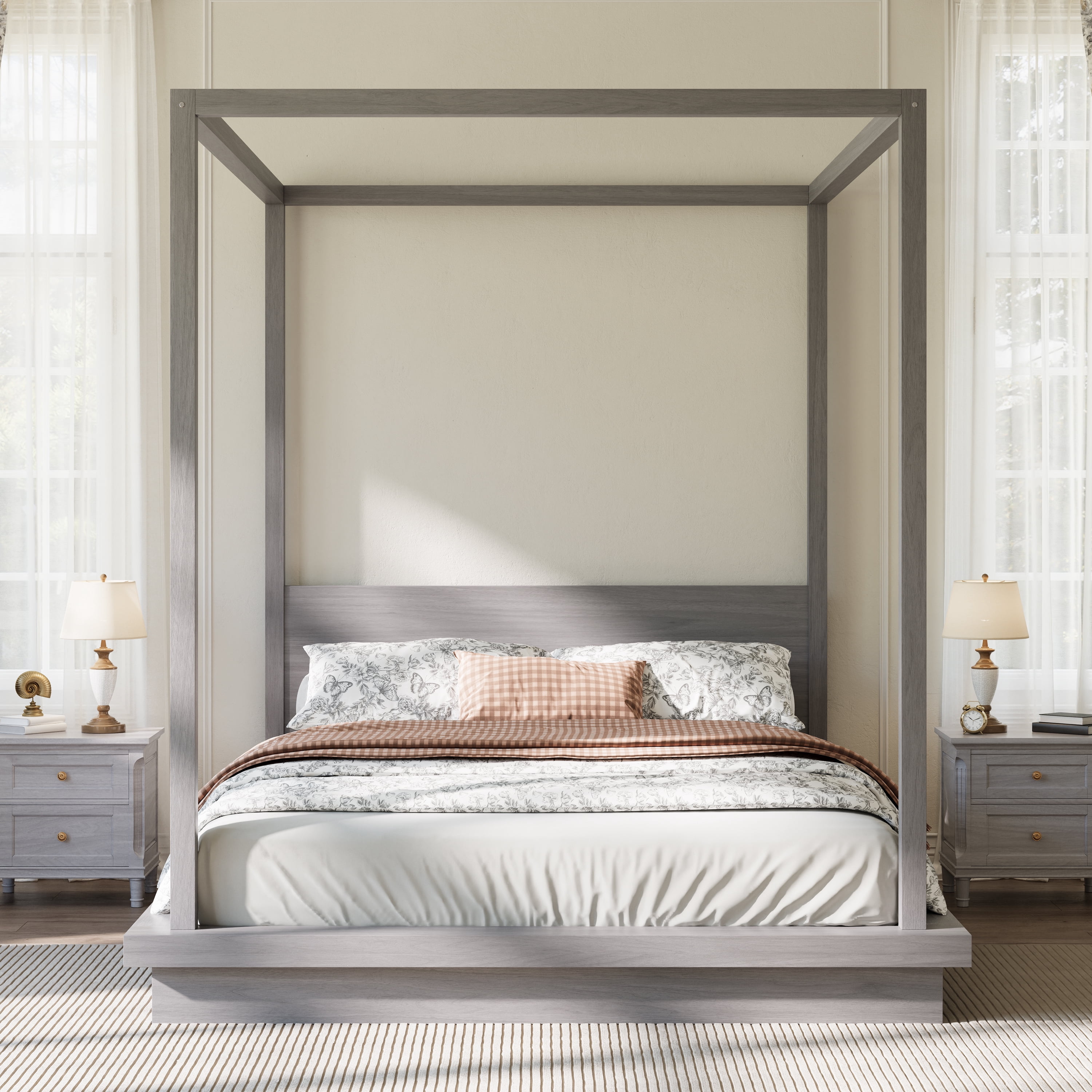 Euroco Wood Queen Size Canopy Bed, Four Poster Platform Bed, No Box Spring Needed, Gray
