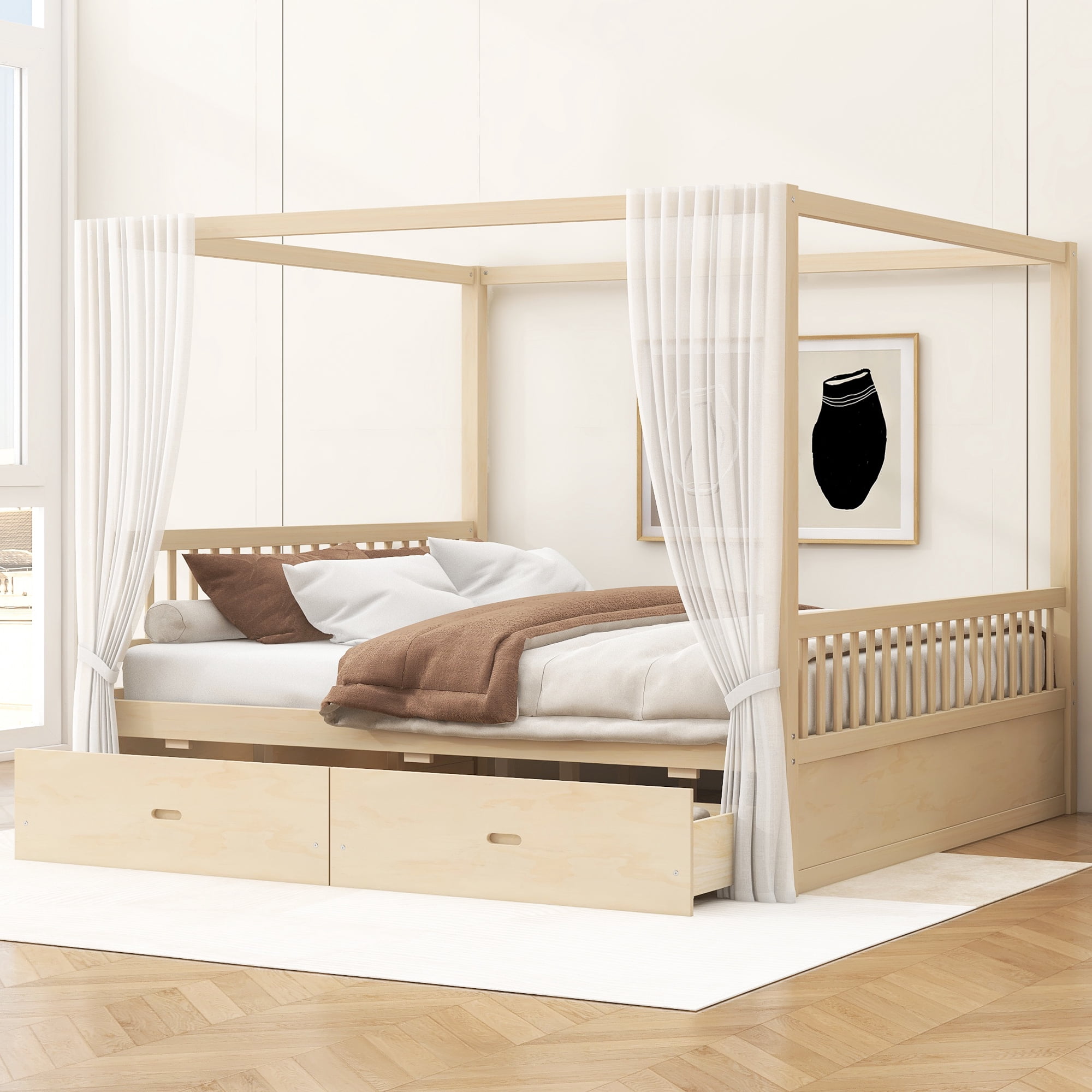 Euroco Wood Queen Size Canopy Bed with Drawers, Natural