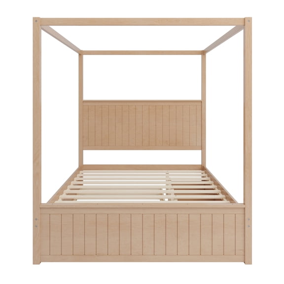 Euroco Wood Queen Size Canopy Bed with Four Polster, Platform Bed Frame with Trundle and Drawers, Natural