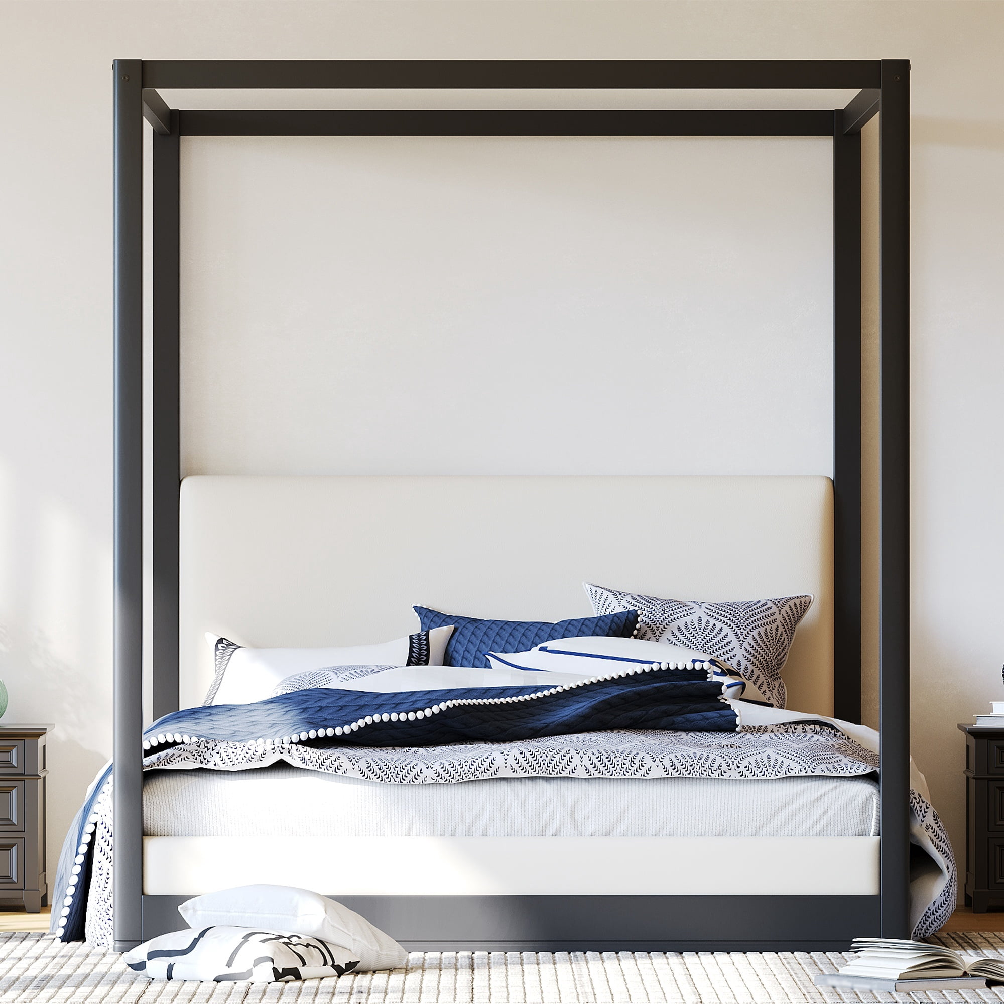 Euroco Wood Queen Size Canopy Bed with Upholstery Headboard, Black