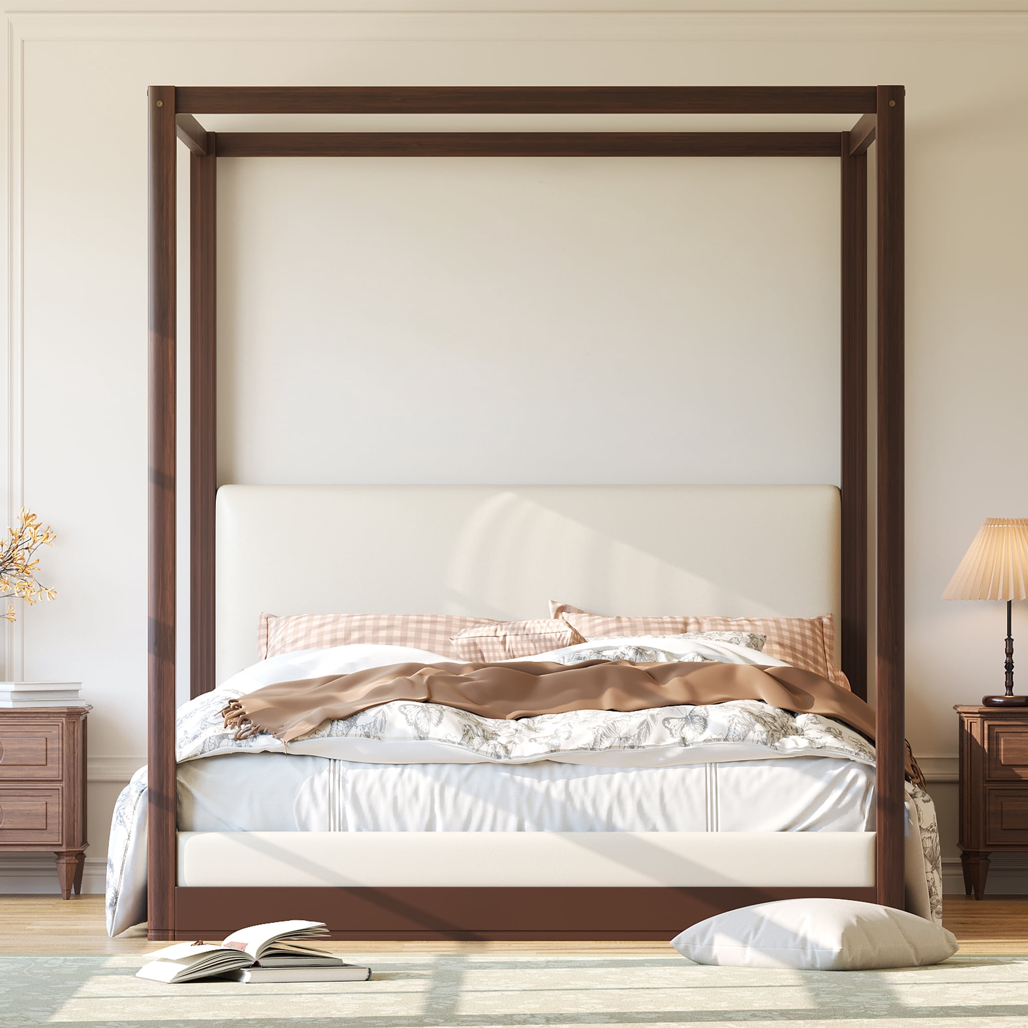 Euroco Wood Queen Size Canopy Bed with Upholstery Headboard, Espresso