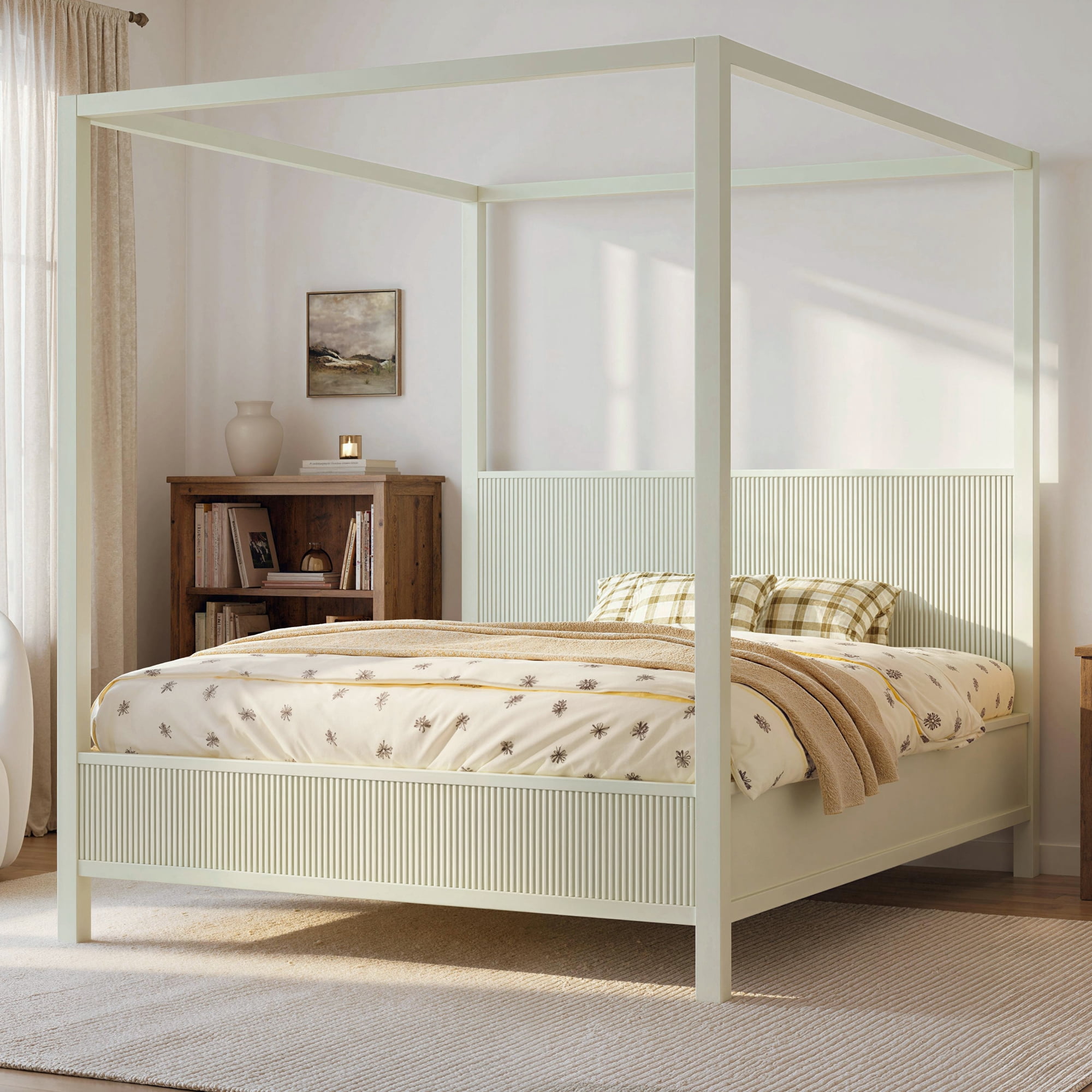 Euroco Wood Queen Size Canopy Platform Bed, Beige