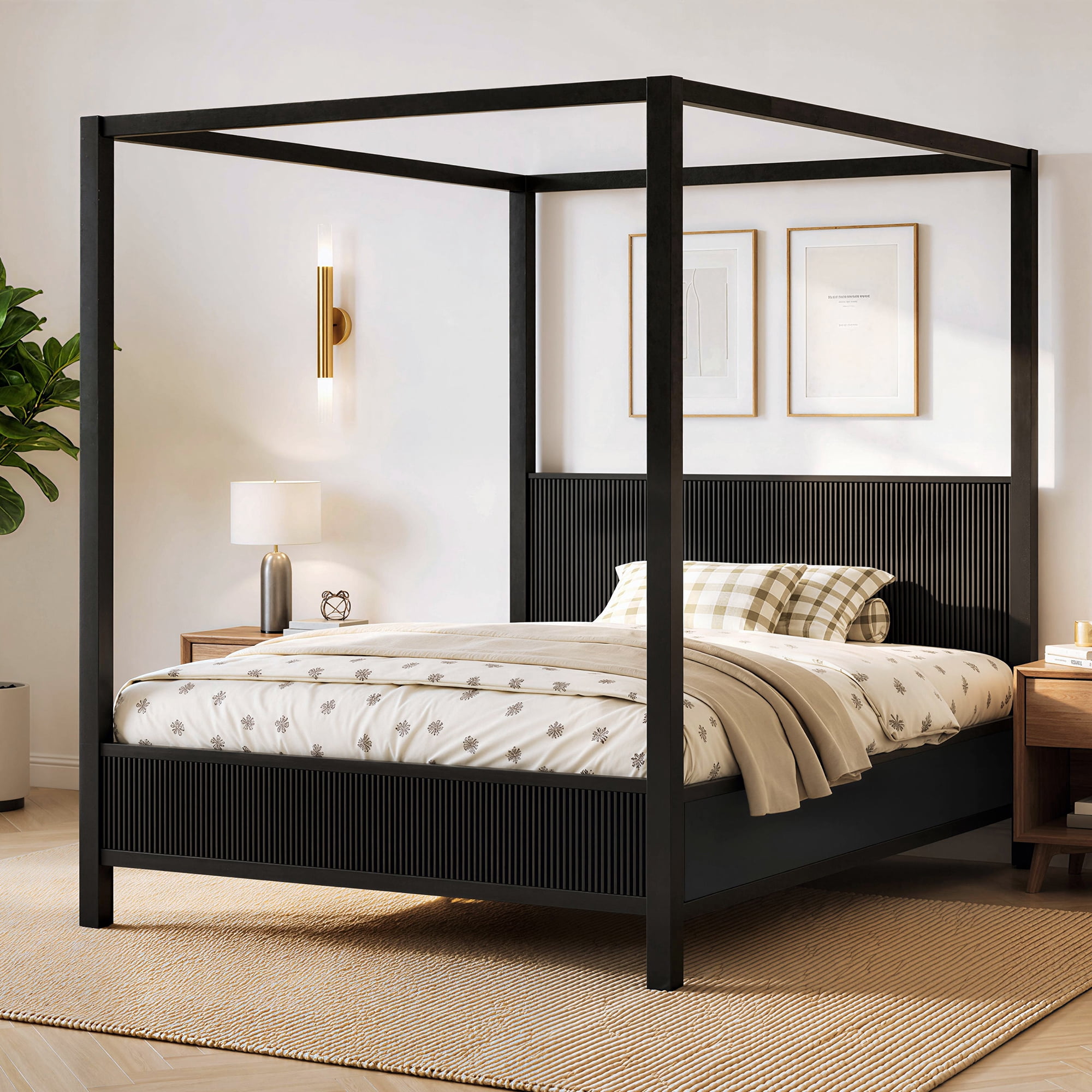 Euroco Wood Queen Size Canopy Platform Bed, Black