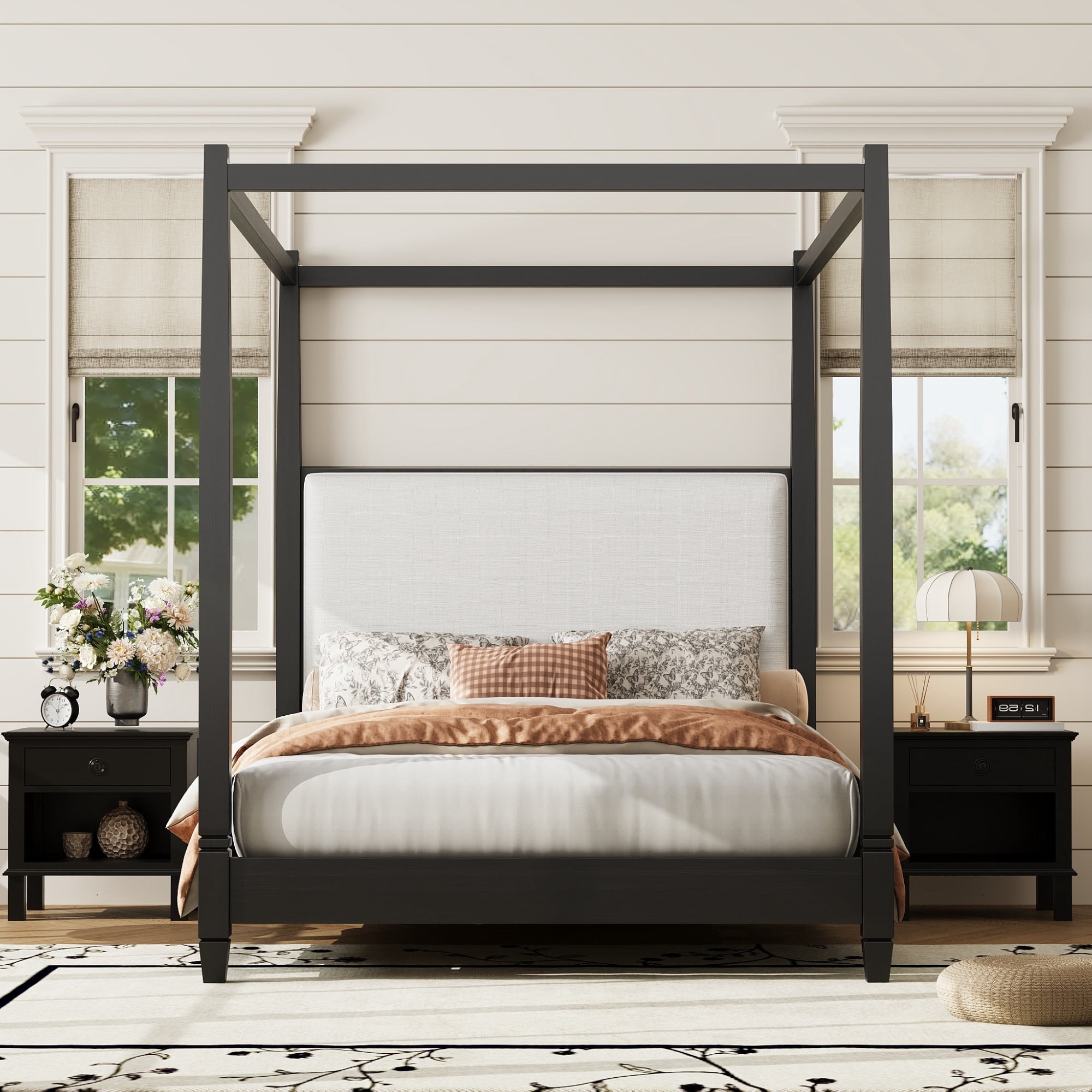 Euroco Wood Queen Size Canopy Platform Bed with Upholstery Headboard, Black