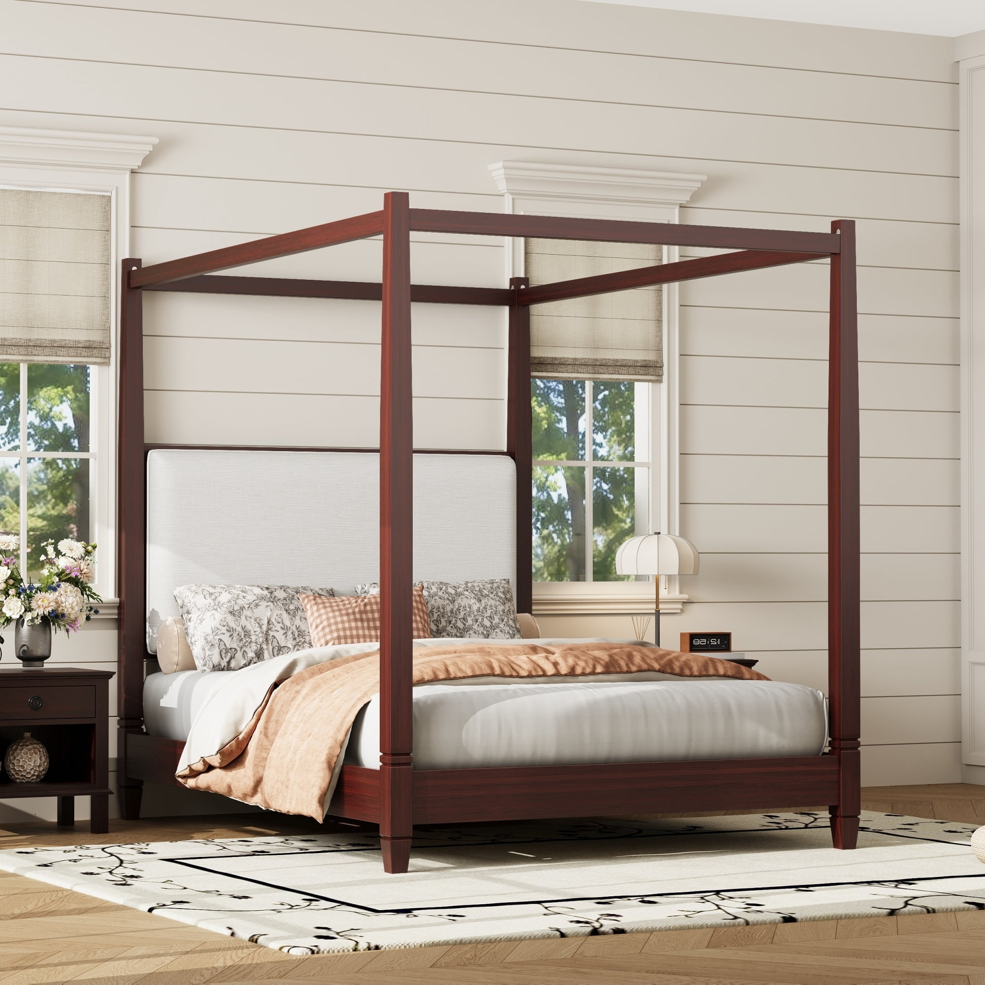 Euroco Wood Queen Size Canopy Platform Bed with Upholstery Headboard, Espresso