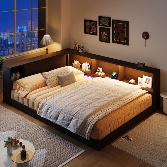 Euroco Wood Queen Size Daybed with Storage Shelves, USB Ports and LED Light, Brown