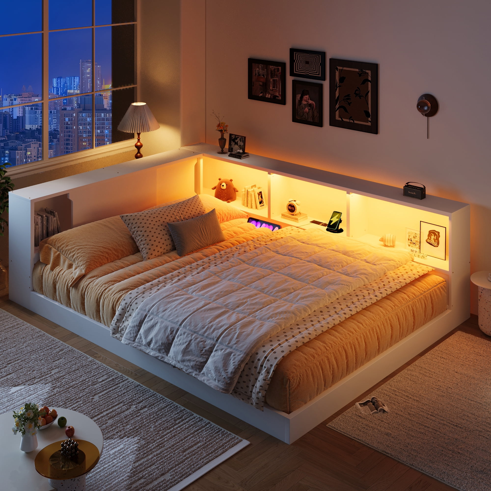 Euroco Wood Queen Size Daybed with Storage Shelves, USB Ports and LED Light, White