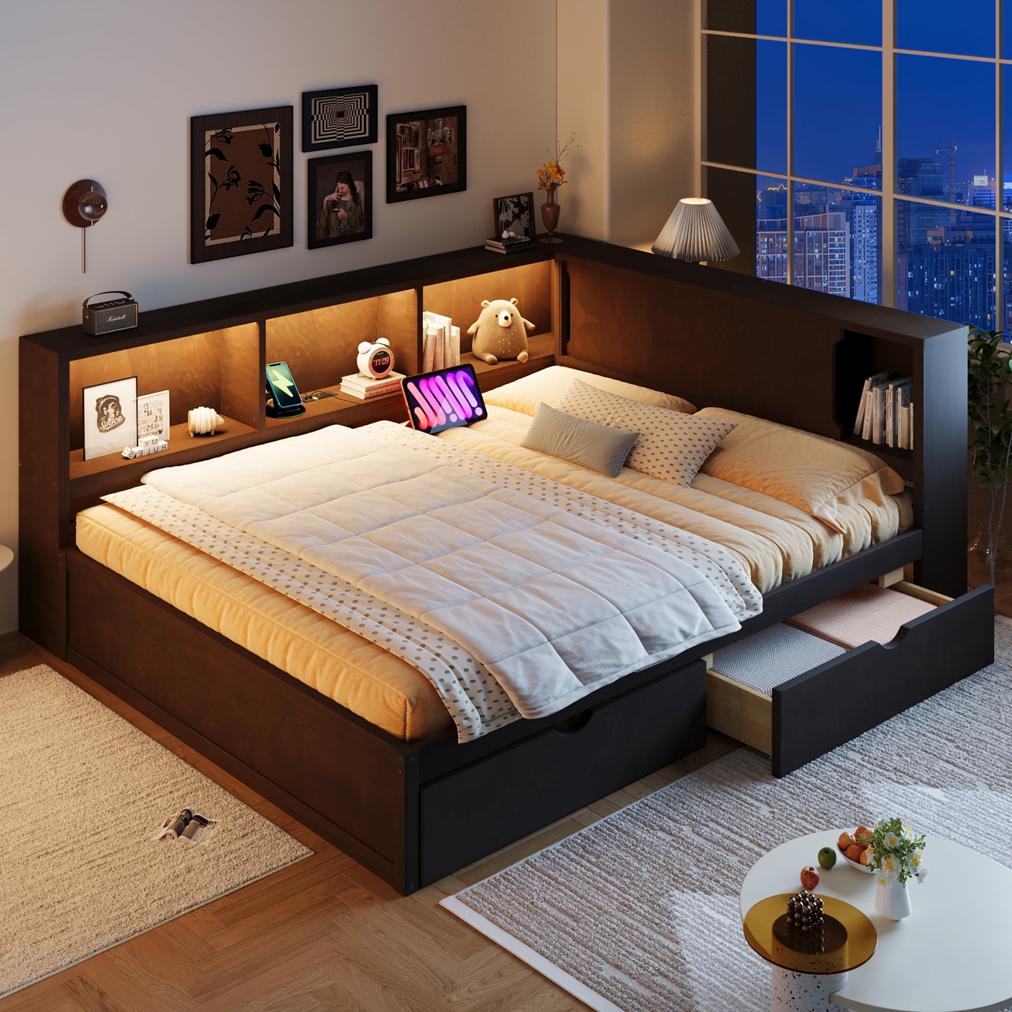 Euroco Wood Queen Size Daybed with Storage Shelves and Drawers, USB Ports and LED Light, Brown
