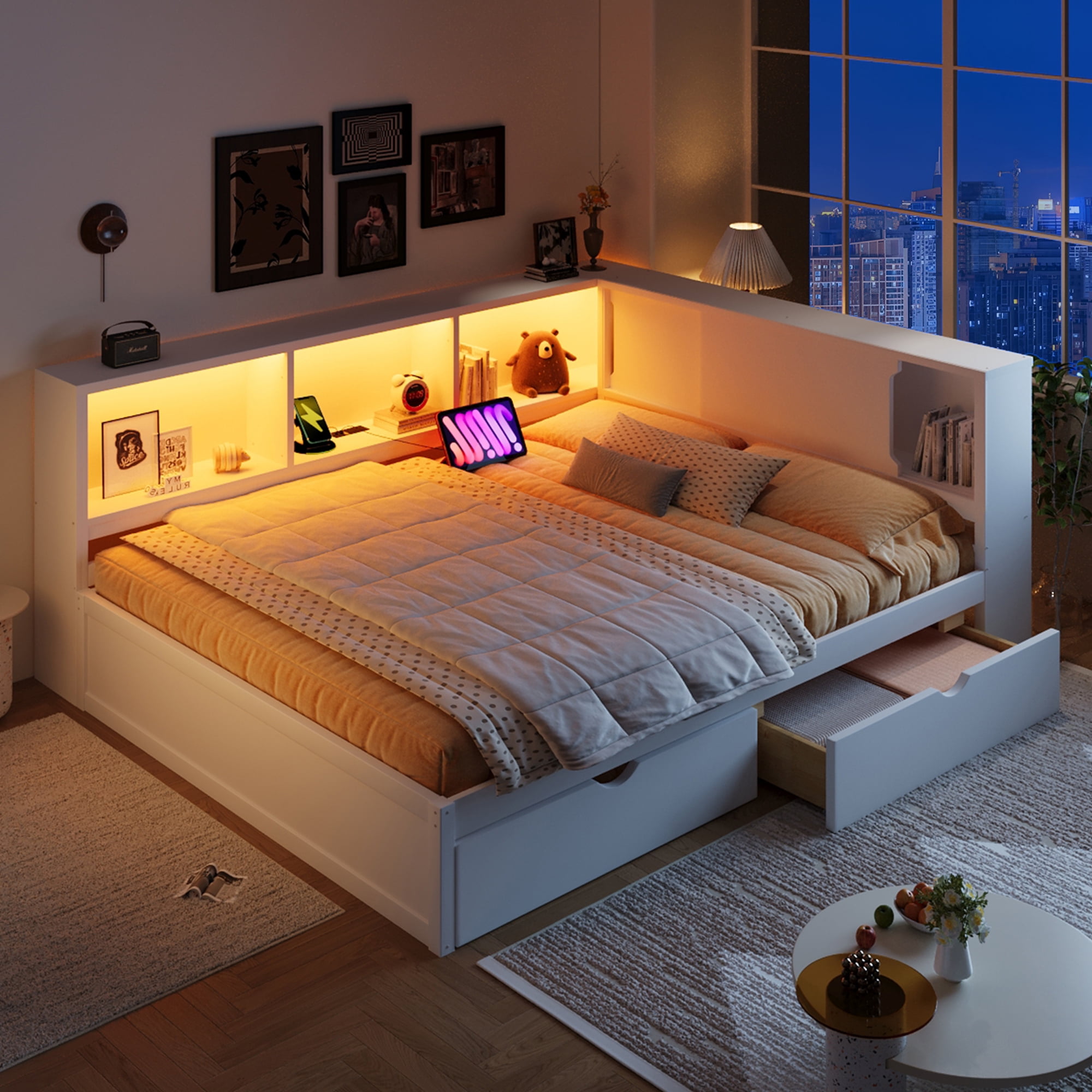 Euroco Wood Queen Size Daybed with Storage Shelves and Drawers, USB Ports and LED Light, White